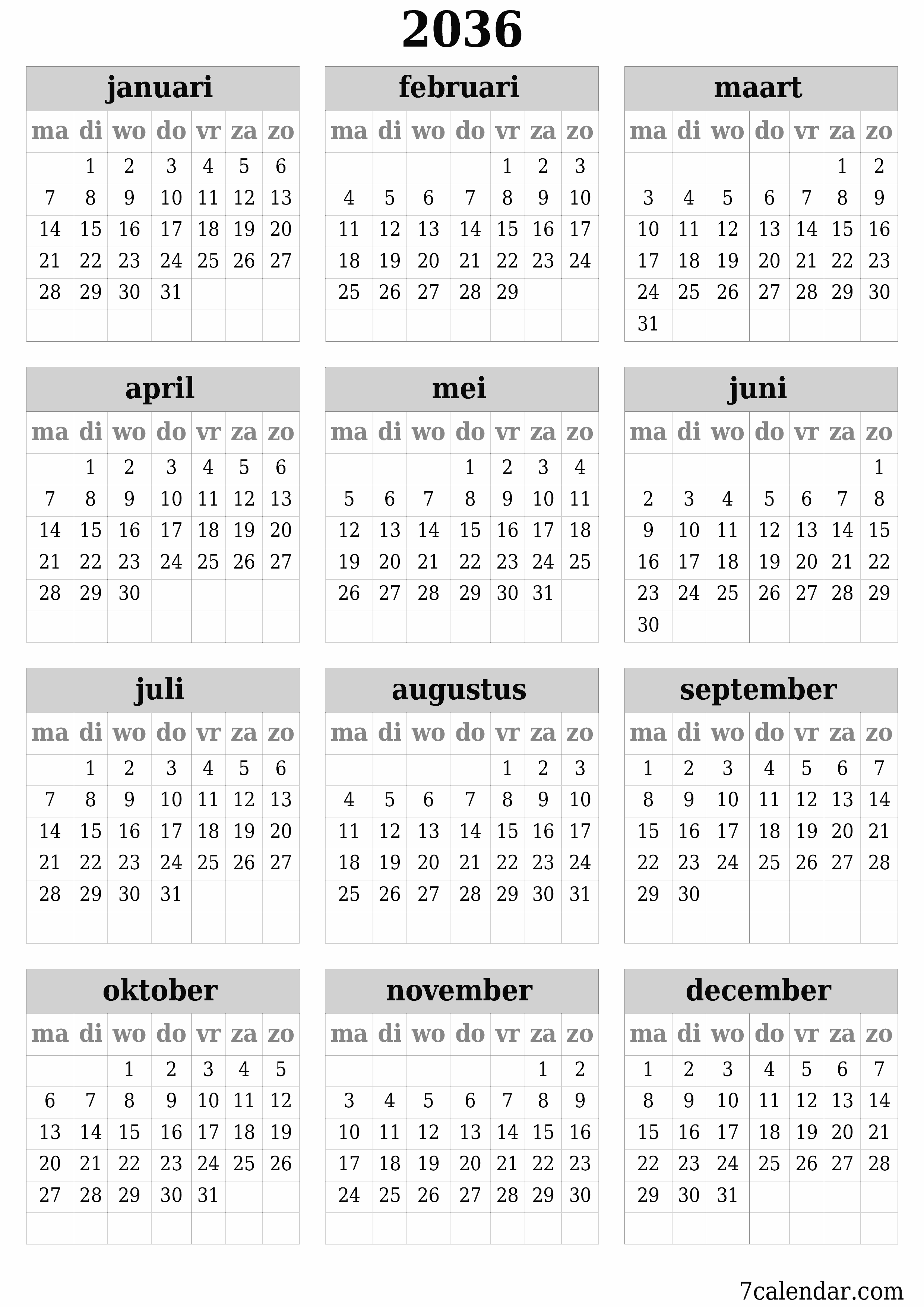 Lege jaarplanningskalender voor het jaar 2036 met notities, opslaan en afdrukken naar pdf PNG Dutch