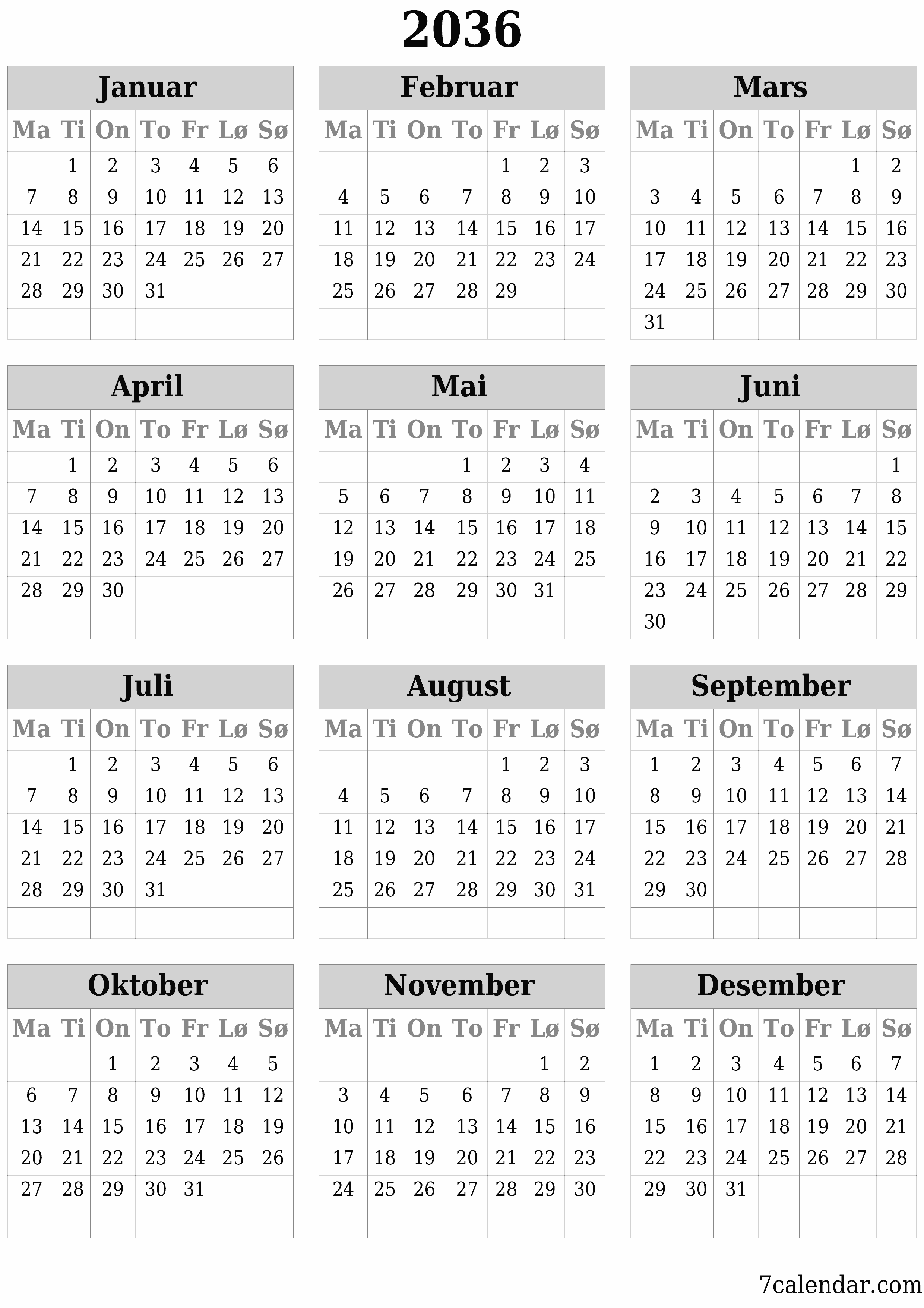 Tom årlig planleggerkalender for året 2036 med notater, lagre og skrive ut i PDF PNG Norwegian