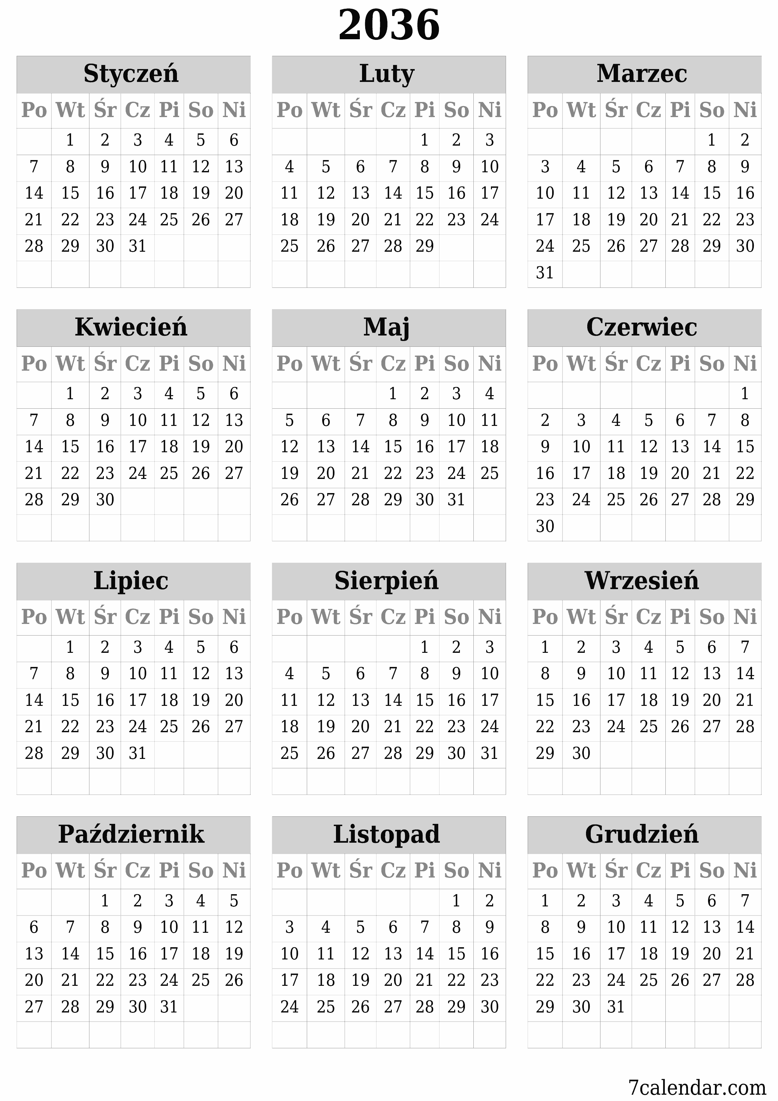  do druku ścienny szablon a darmowy pionowy Roczny kalendarz Czerwiec (Cze) 2036