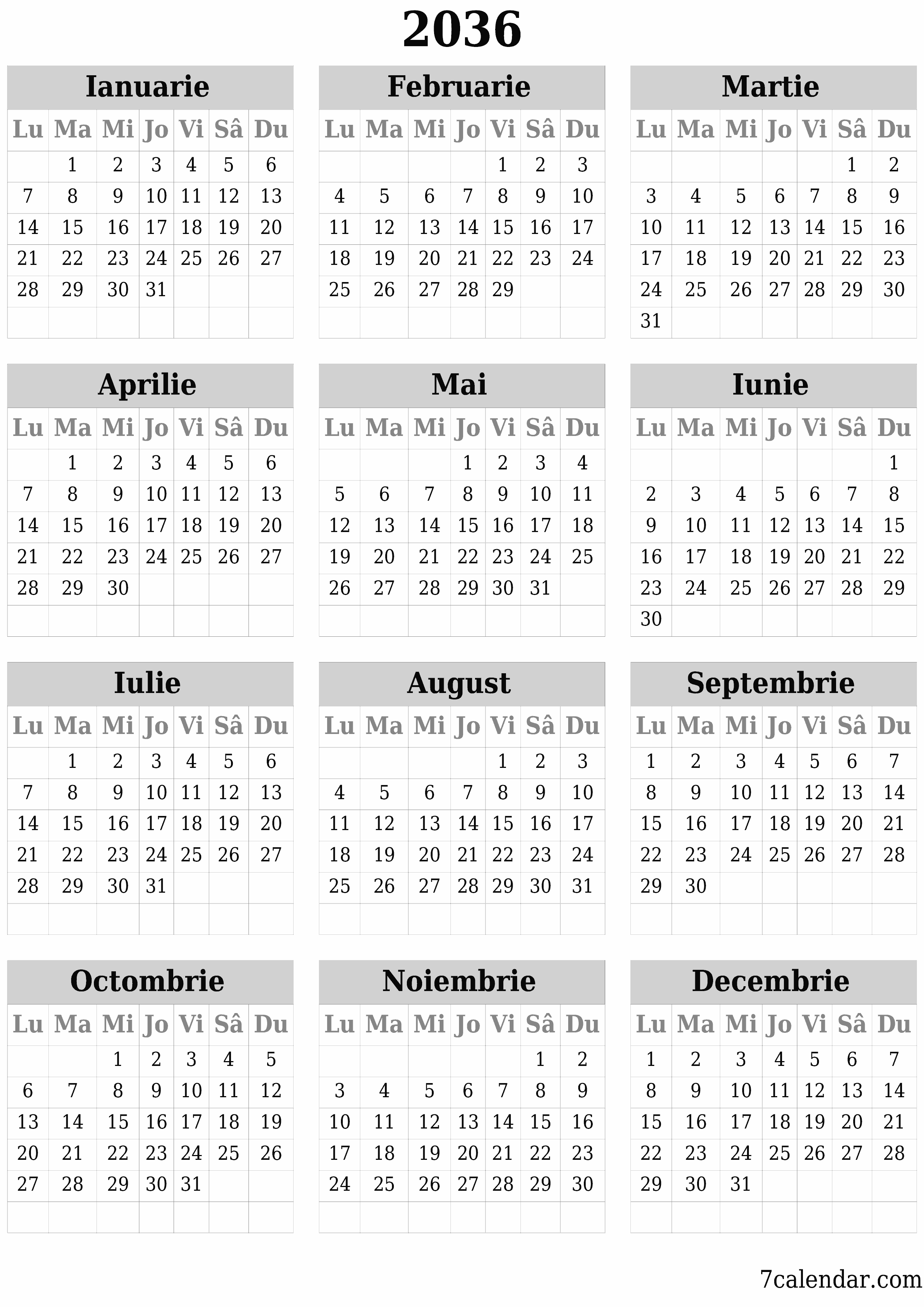 Goliți calendarul anual al planificatorului pentru anul 2036 cu note, salvați și tipăriți în PDF PNG Romanian