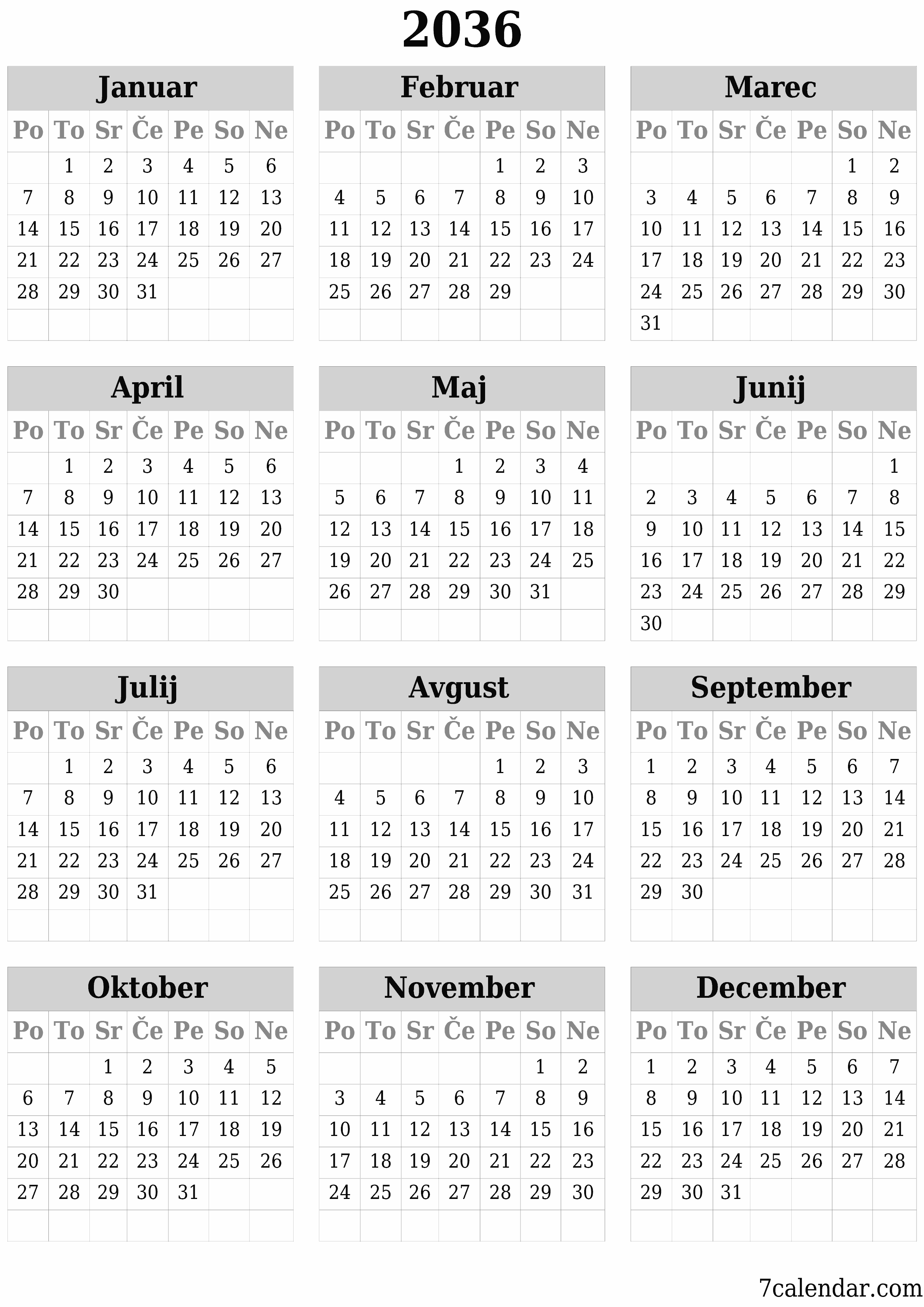 Prazen letni načrtovalec koledarja za leto 2036 z opombami za tiskanje v PDF-ju PNG Slovenian