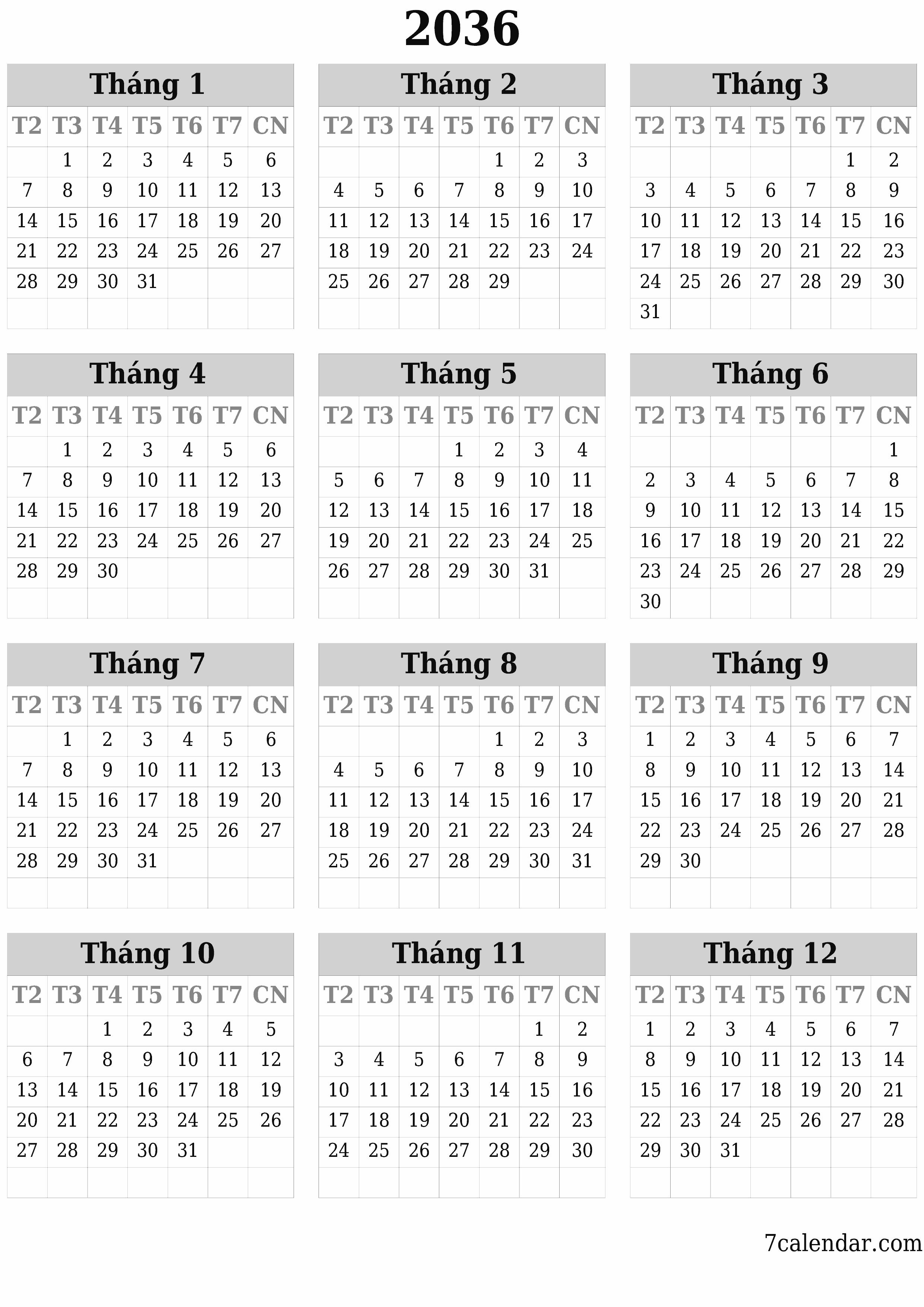  in được treo tường mẫu miễn phíthẳng đứng Hàng năm lịch Tháng 6 (Th6) 2036