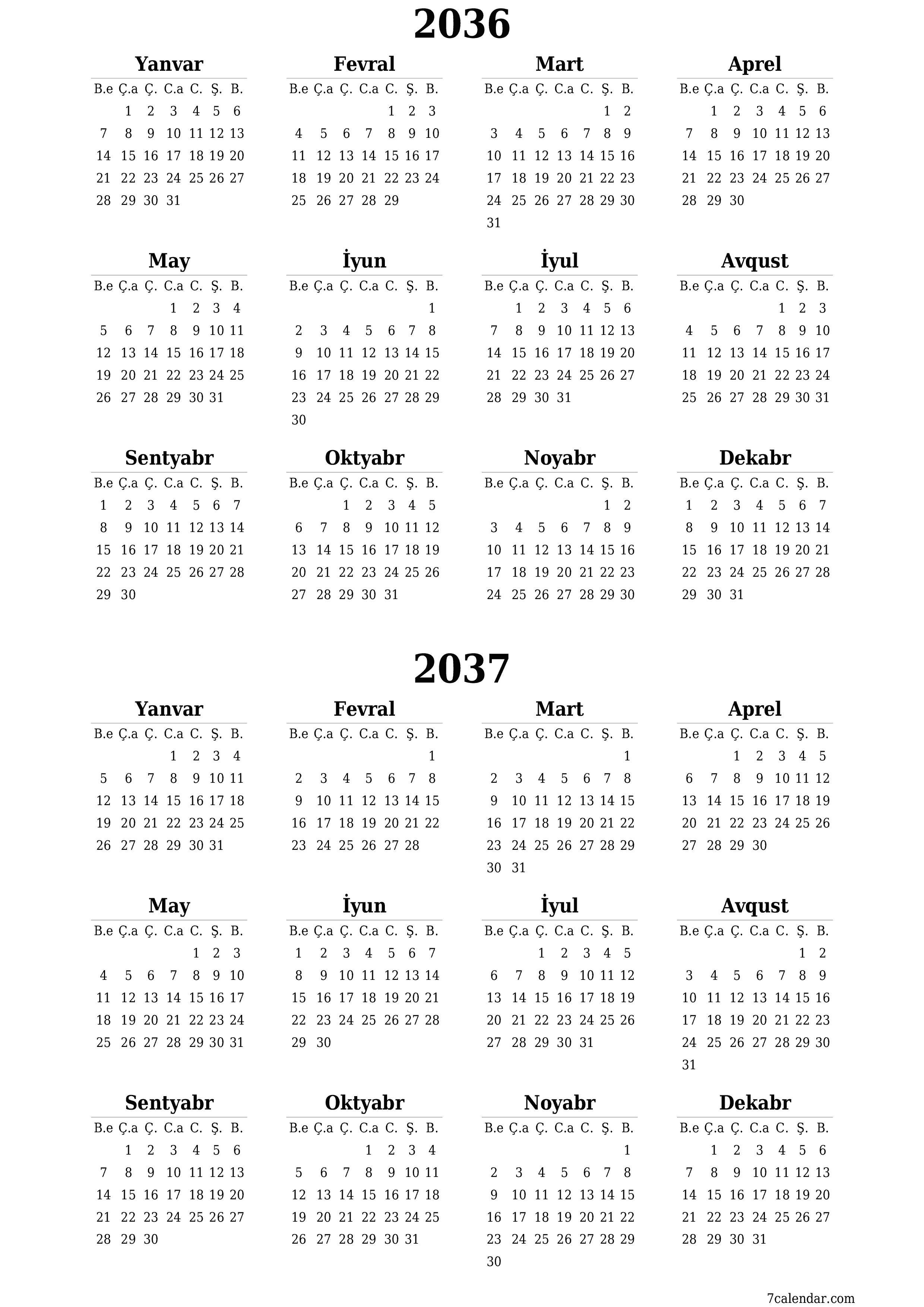 çap edilə bilən divar i şablonu pulsuz şaquli İllik təqvim İyun (İyun) 2036