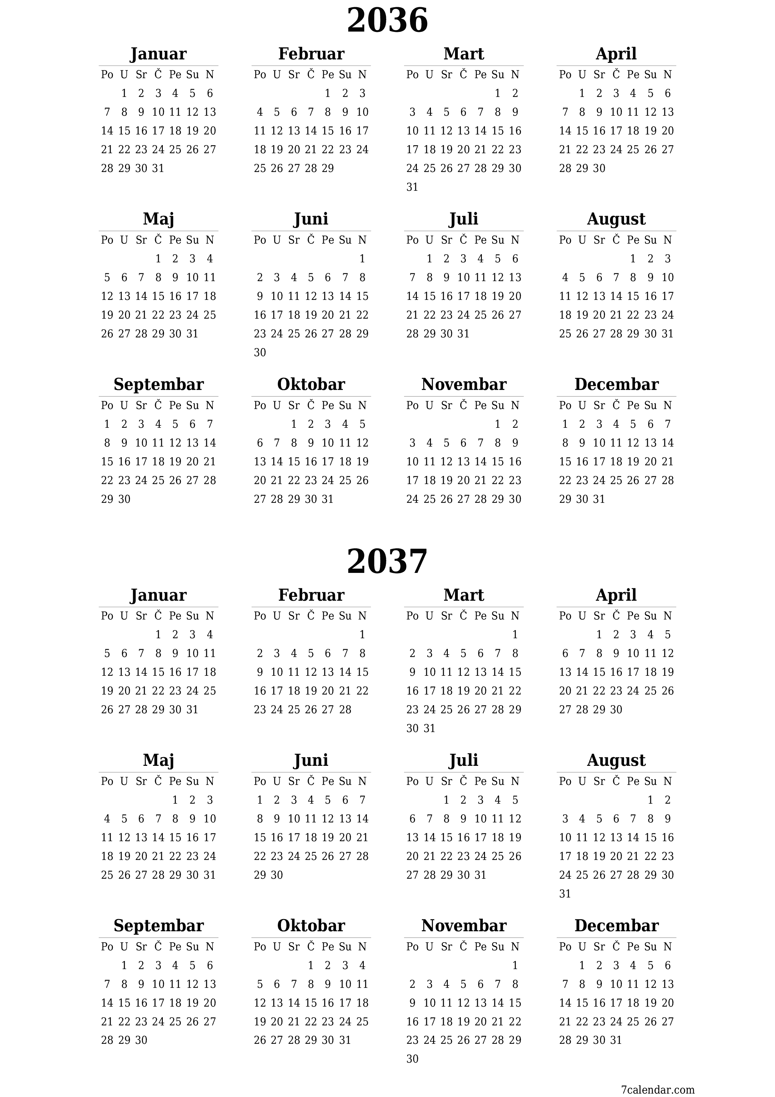  za štampanje zidni šablon a besplatni vertikalno Godišnje kalendar Juni (Jun) 2036