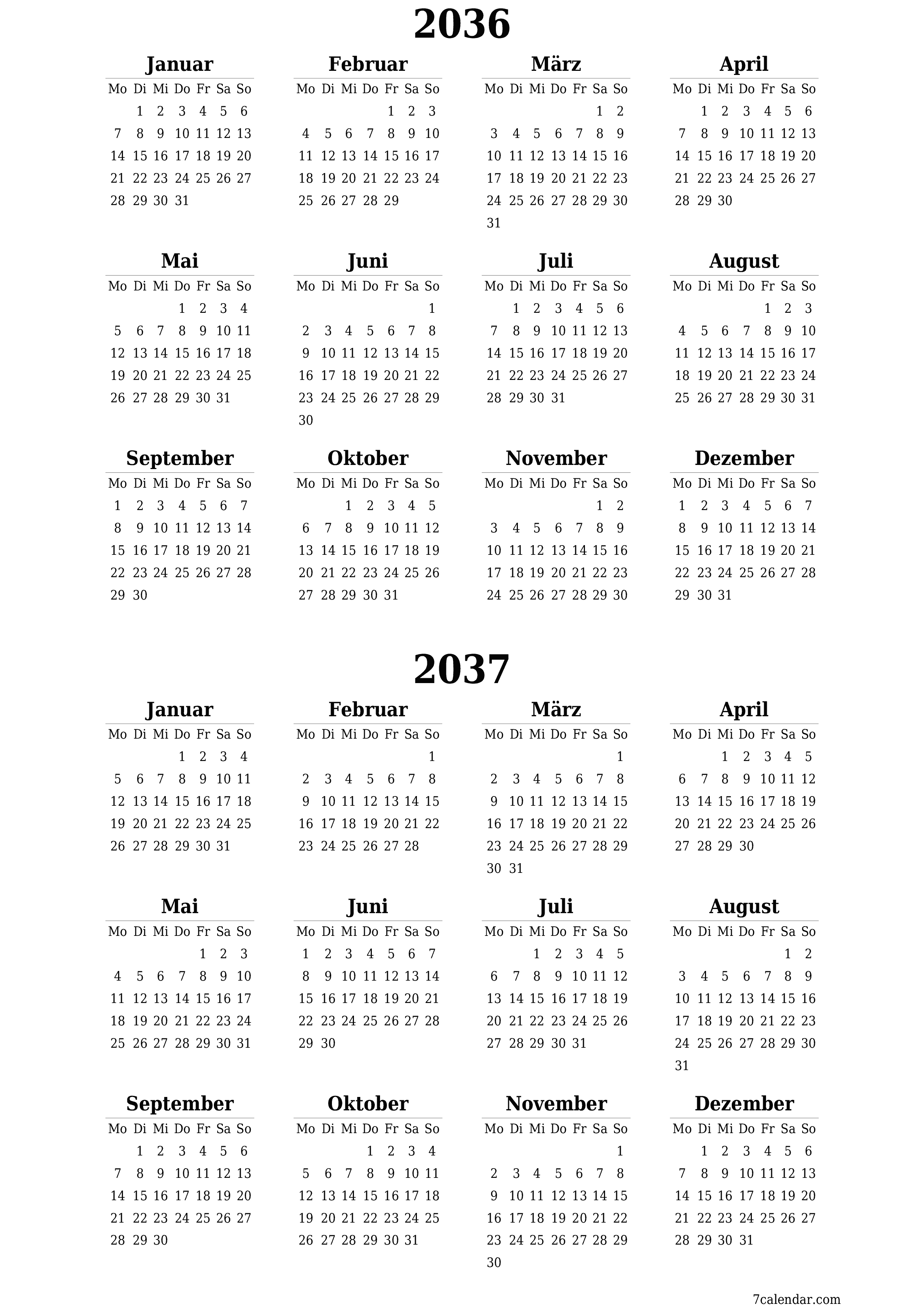 Jahresplanerkalender für das Jahr 2036, 2037 mit Notizen leeren, speichern und als PDF PNG German - 7calendar.com drucken