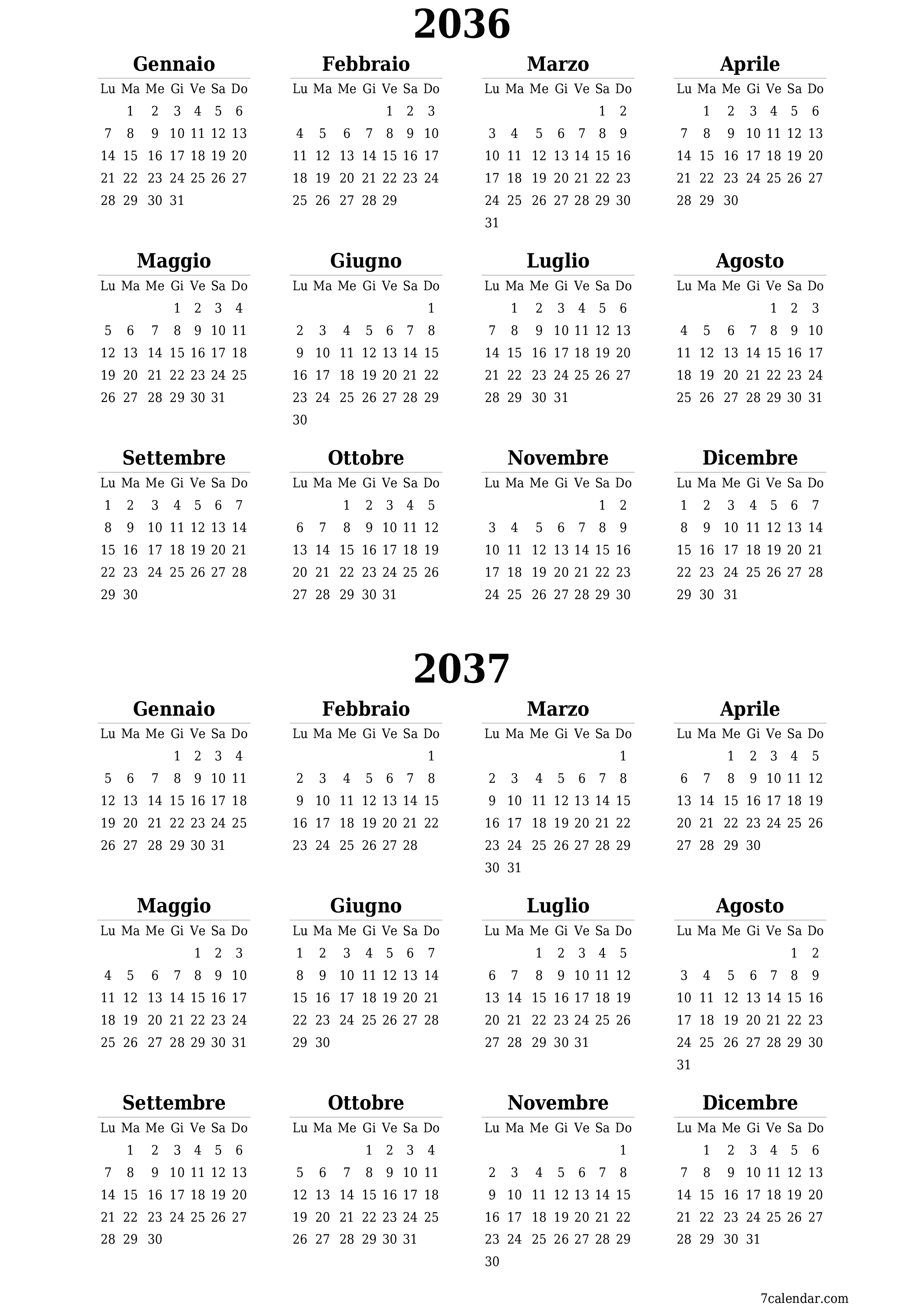  stampabile da parete modello di gratuitoverticale Annuale calendario Giugno (Giu) 2036