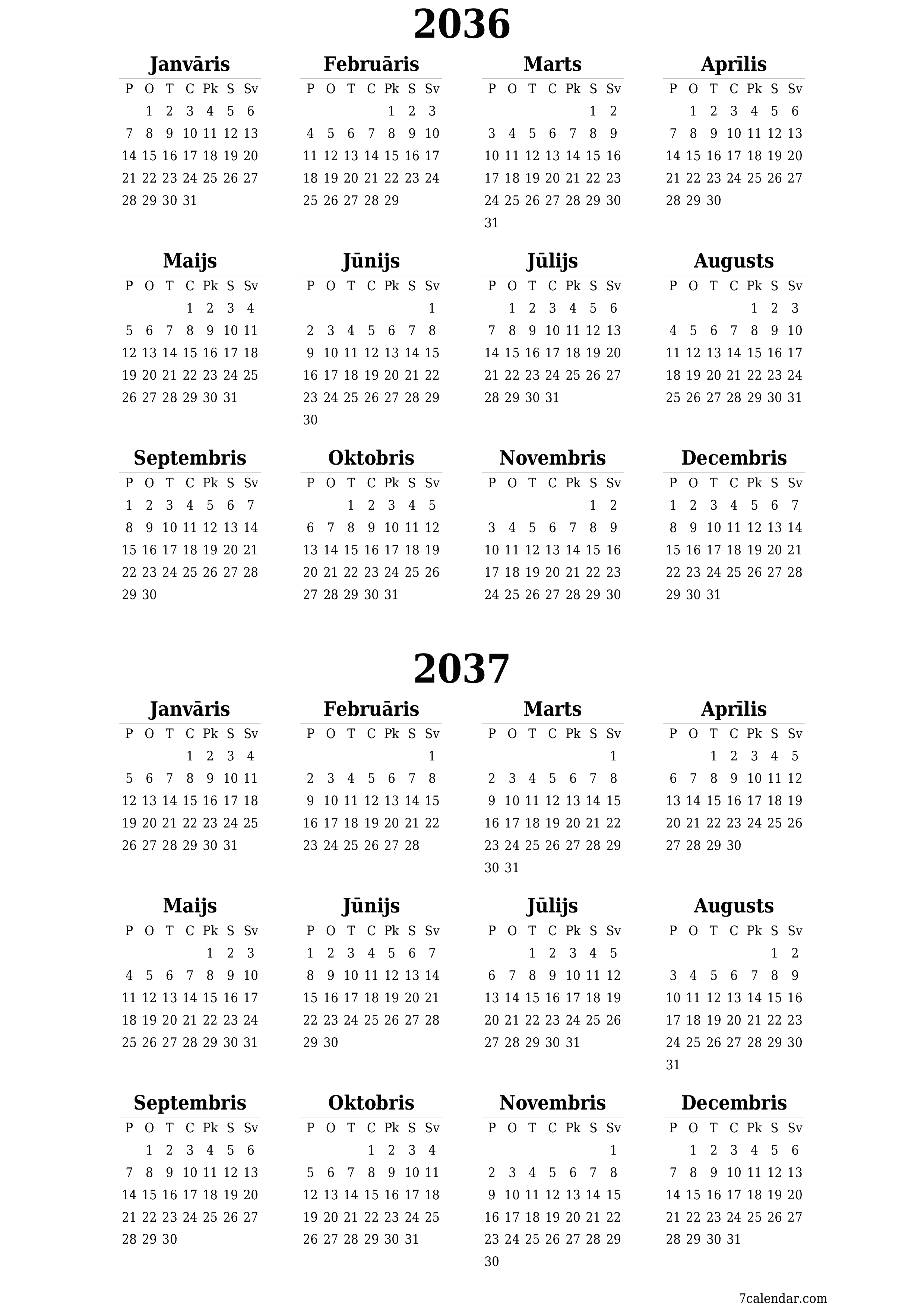 izdrukājams sienas kalendāra veidne bezmaksas vertikāli Gada kalendārs Jūnijs (Jūn) 2036