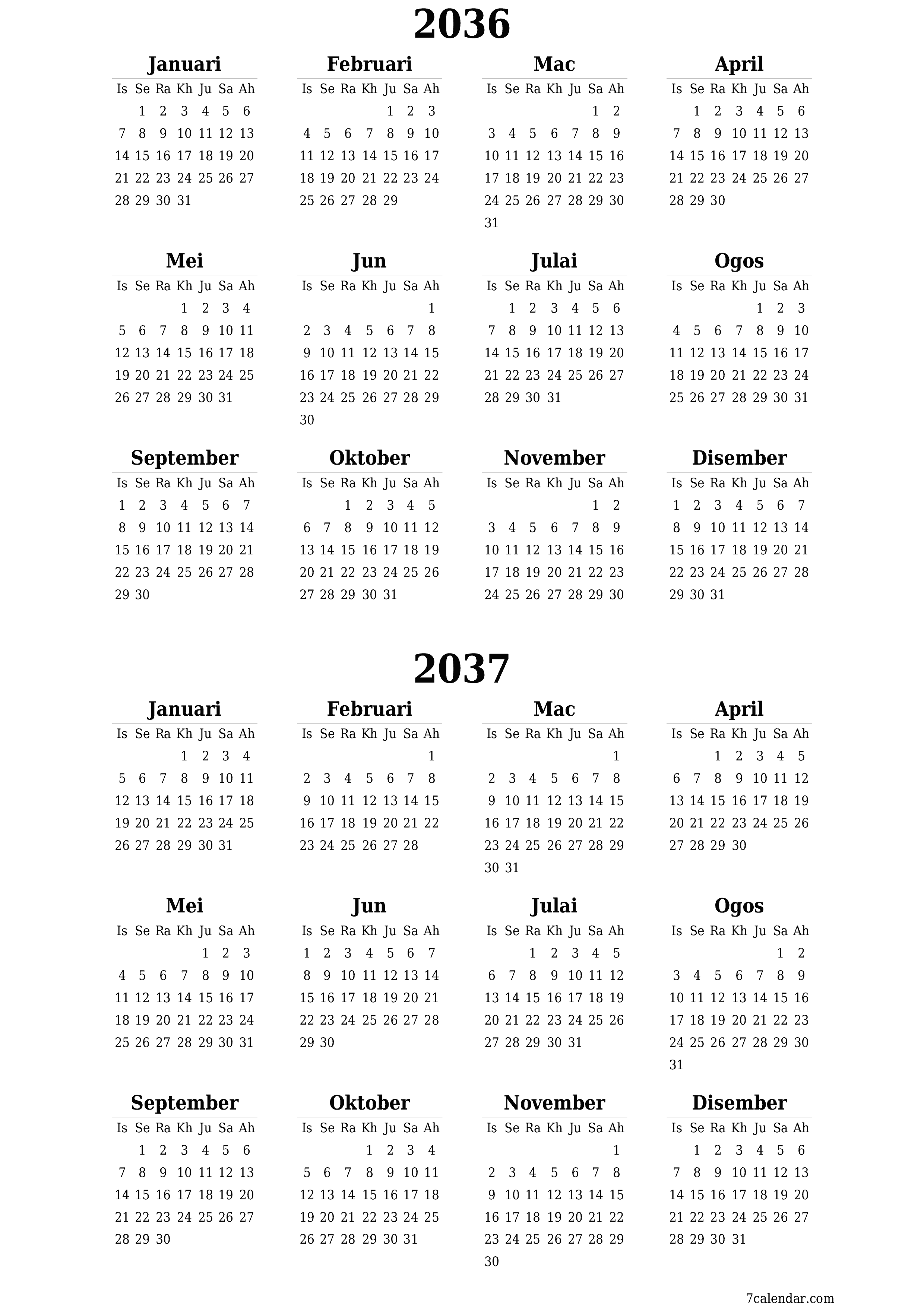  boleh cetak dinding templat percumamenegak Tahunan kalendar Jun (Jun) 2036
