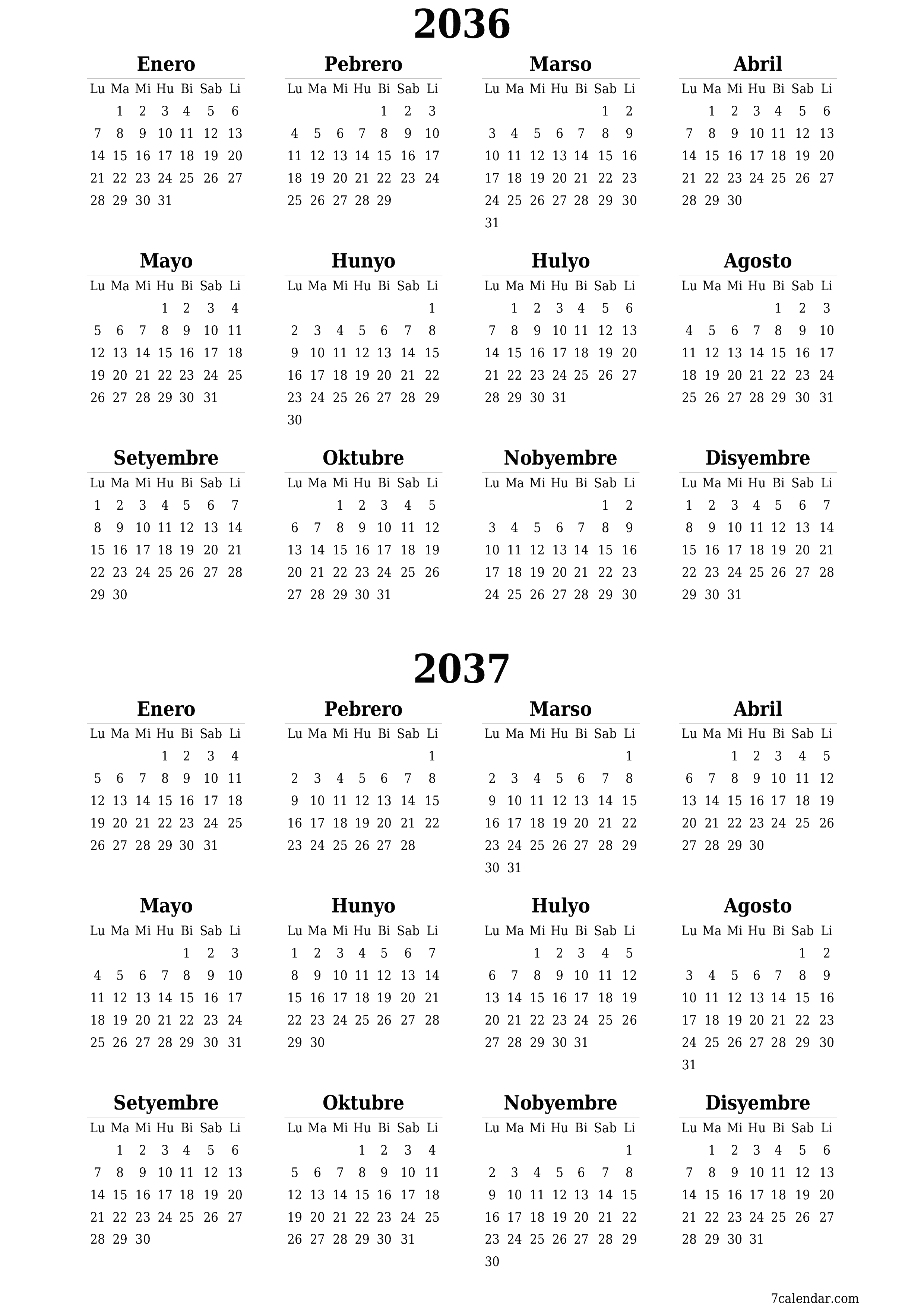napi-print na sa dingding template ng libreng patayo Taunan kalendaryo Hunyo (Hun) 2036