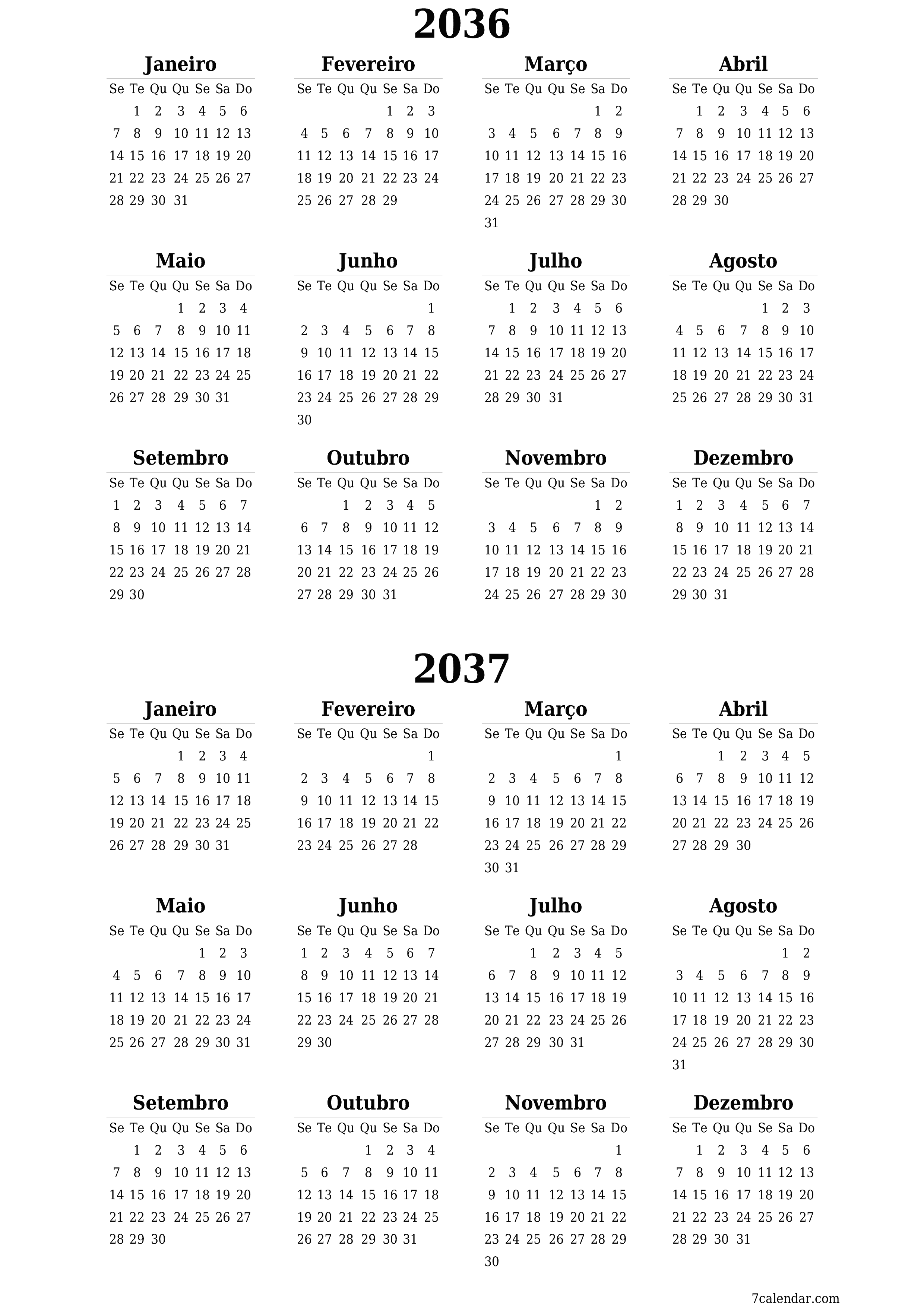 Calendário de planejador anual vazio para o ano 2036, 2037 com notas, salve e imprima em PDF PNG Portuguese