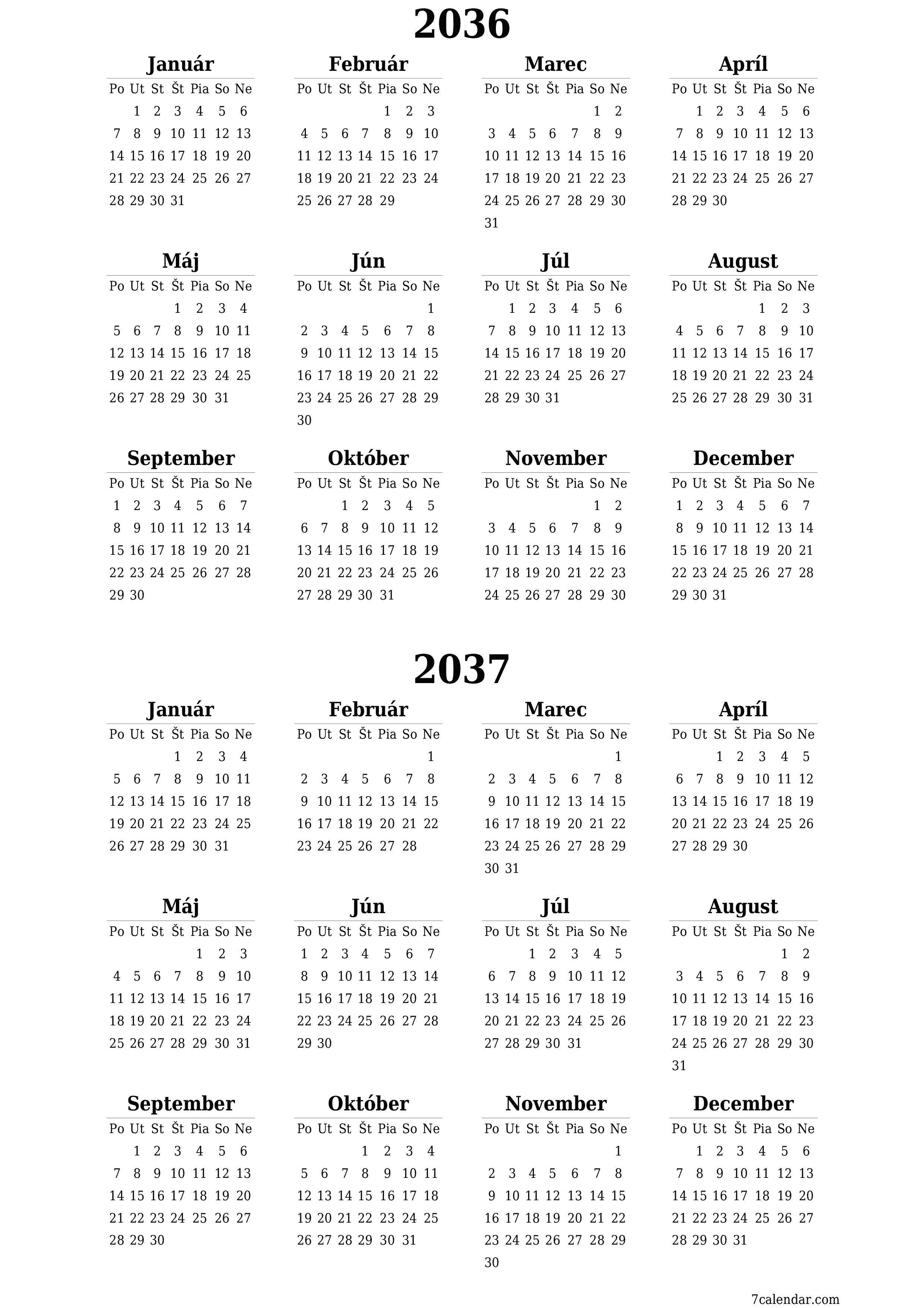 vytlačiteľný nástenný šablóna a bezplatný вертикальный Ročne kalendár Jún (Jún) 2036