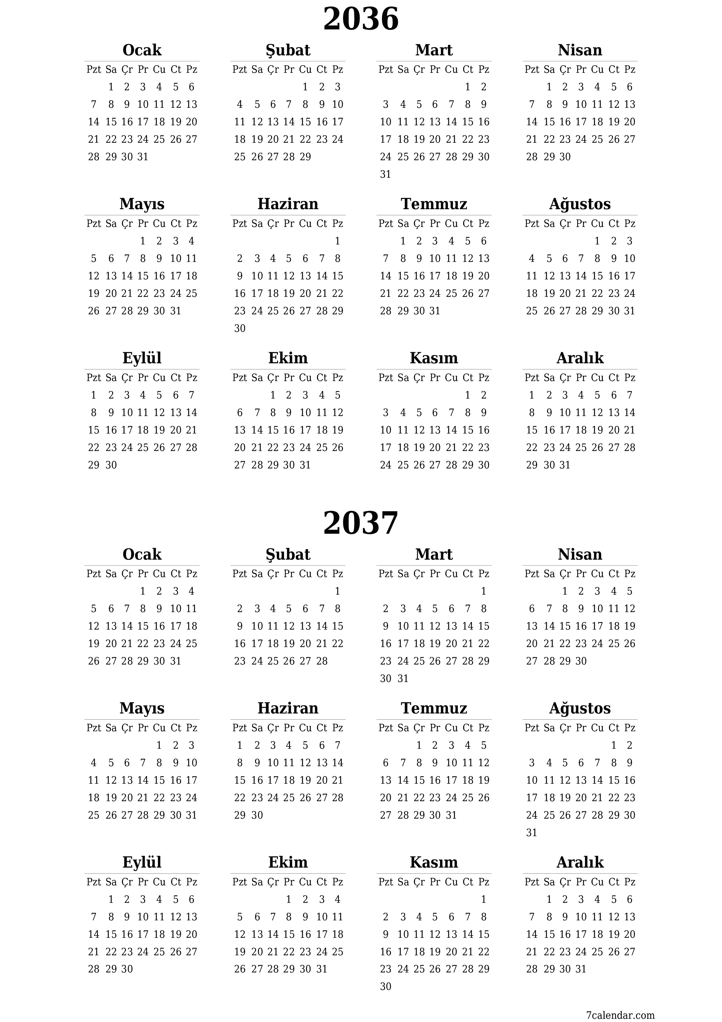 yazdırılabilir duvar i şablonu ücretsiz dikey Yıllık takvim Haziran (Haz) 2036