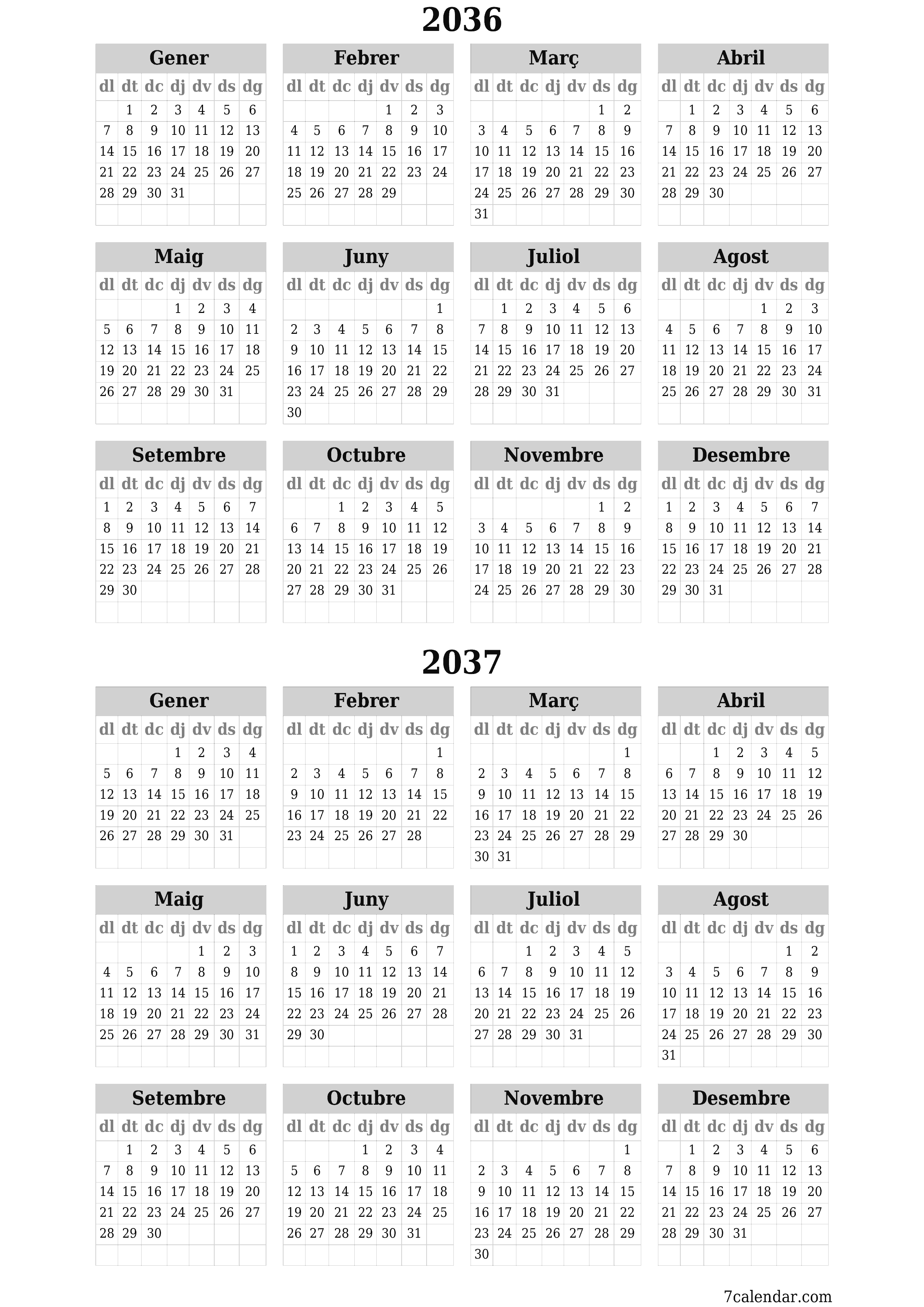  imprimible de paret plantilla de gratuïtvertical Anual calendari Juny (Jun) 2036