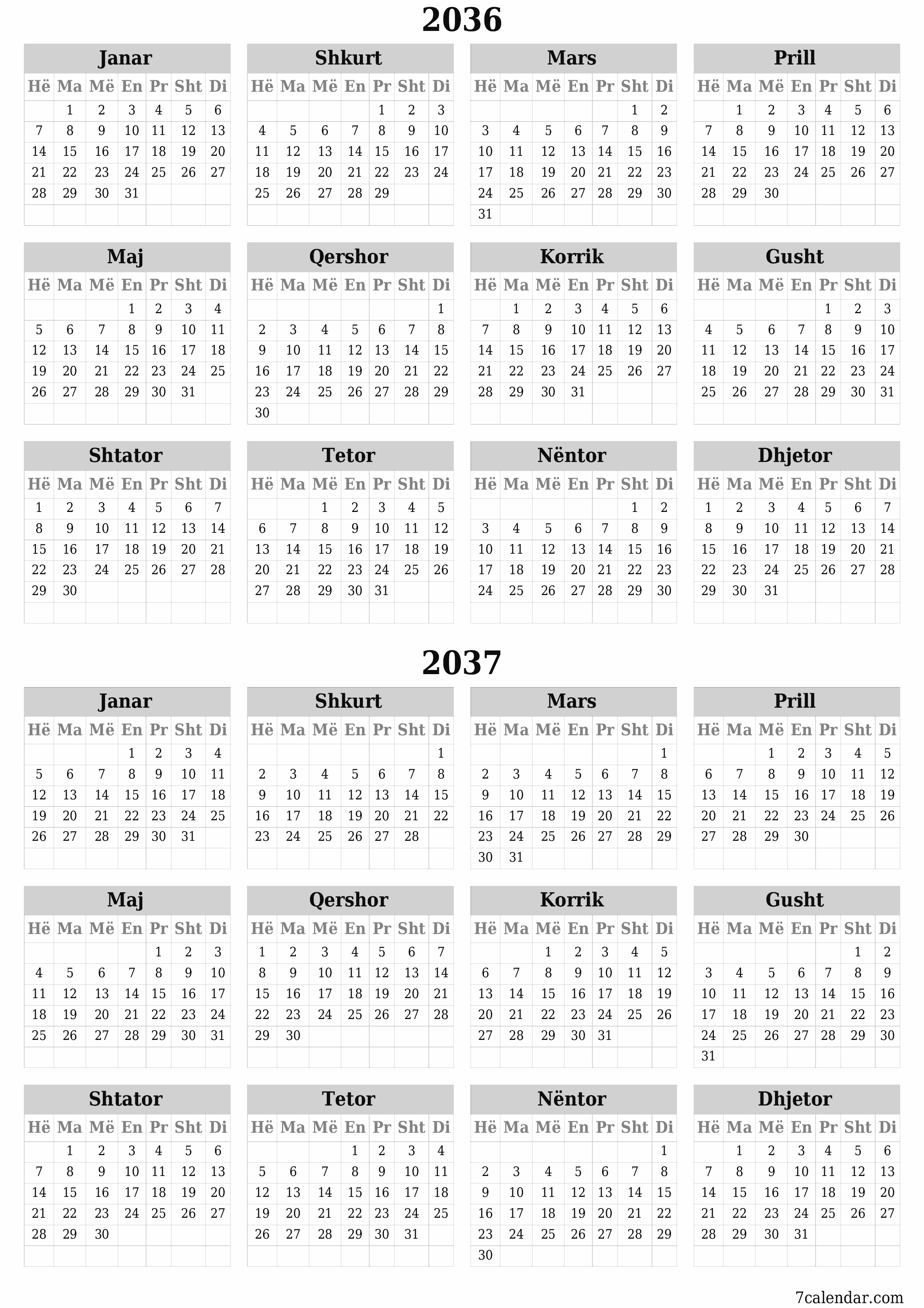  i printueshëm muri shabllon falasvertikale Vjetore kalendar Qershor (Qer) 2036