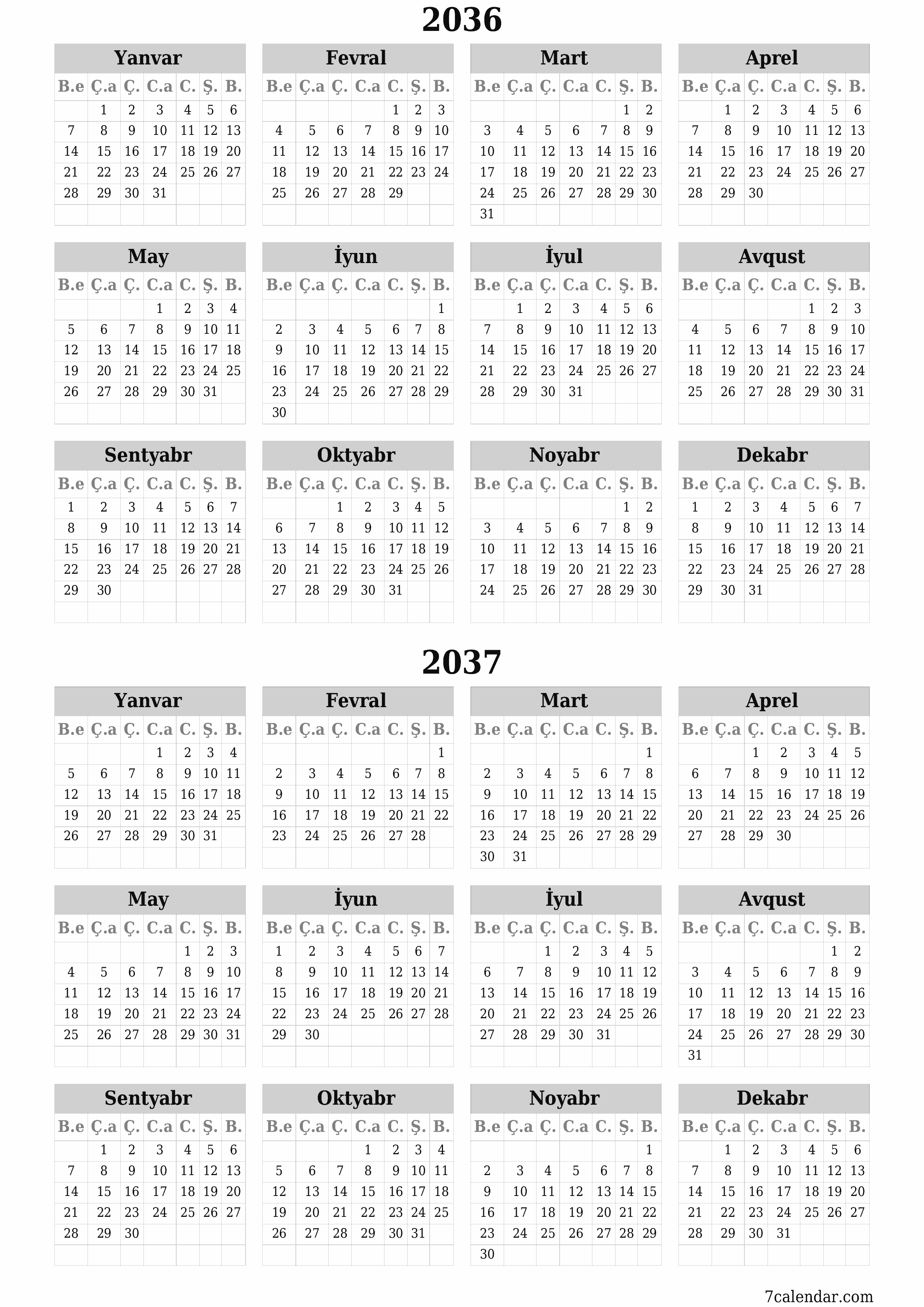 çap edilə bilən divar i şablonu pulsuz şaquli İllik təqvim İyun (İyun) 2036