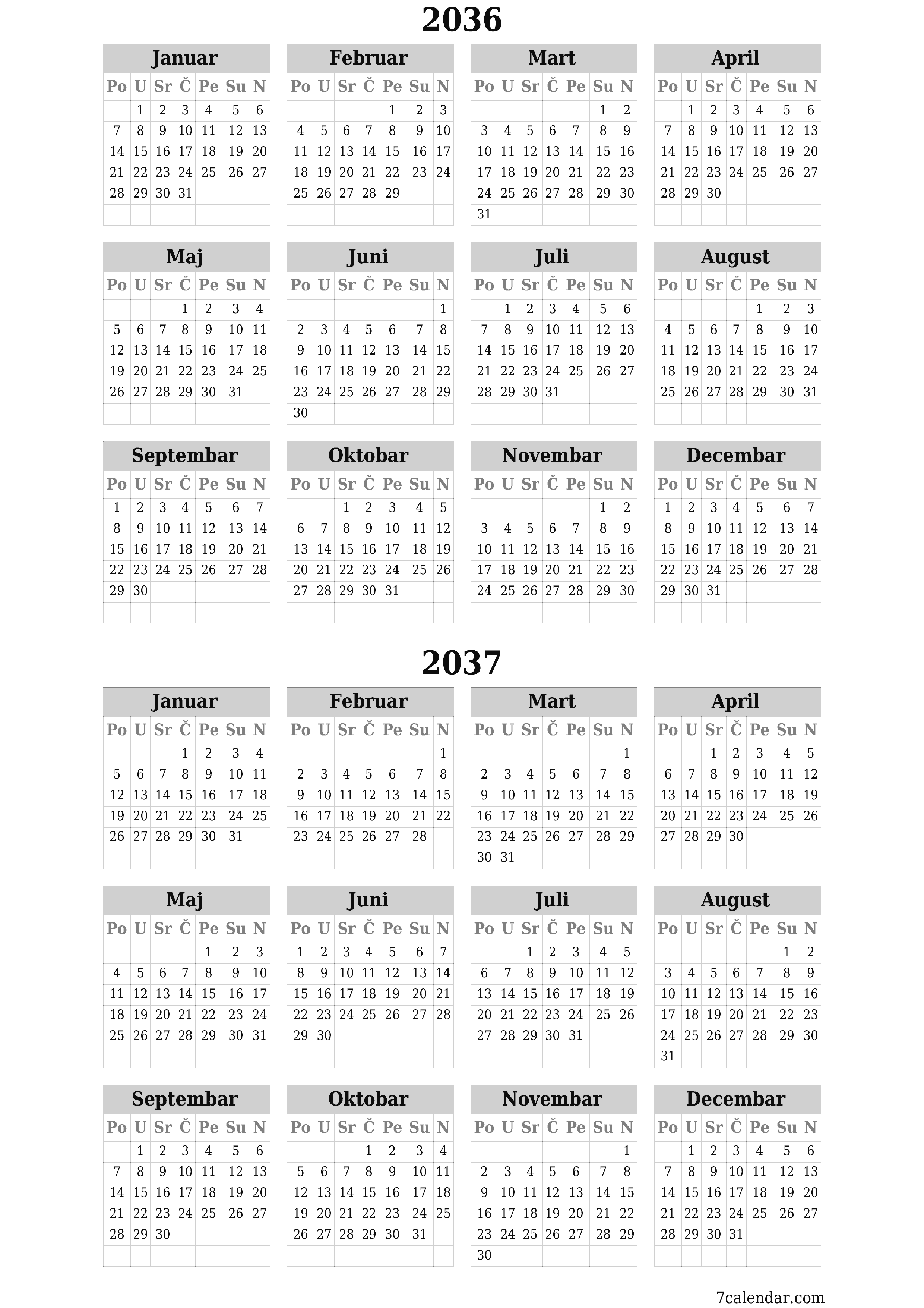  za štampanje zidni šablon a besplatni vertikalno Godišnje kalendar Juni (Jun) 2036