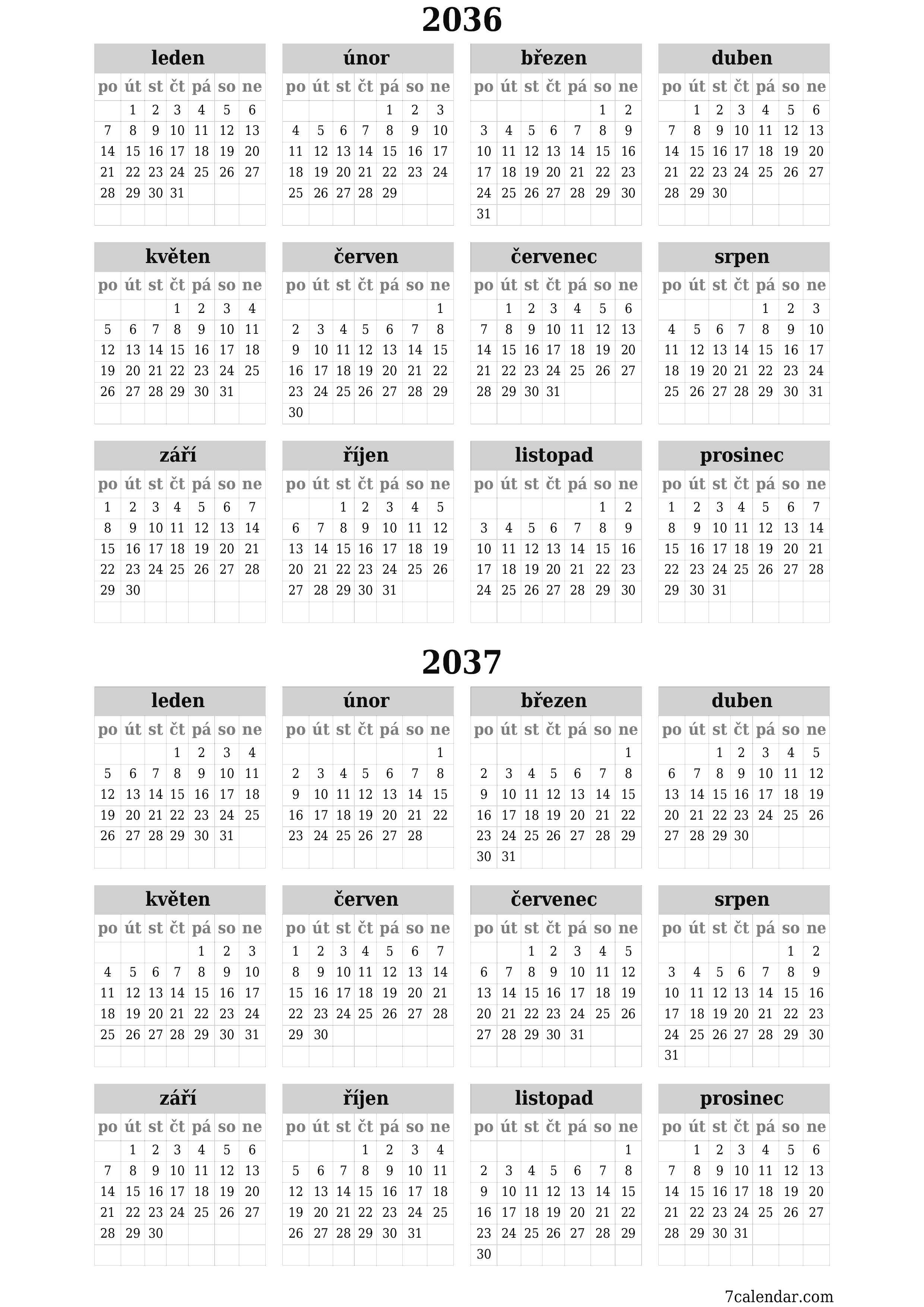  pro tisk nástěnný šablona e zdarmavertikální Roční kalendář červen (čvn) 2036