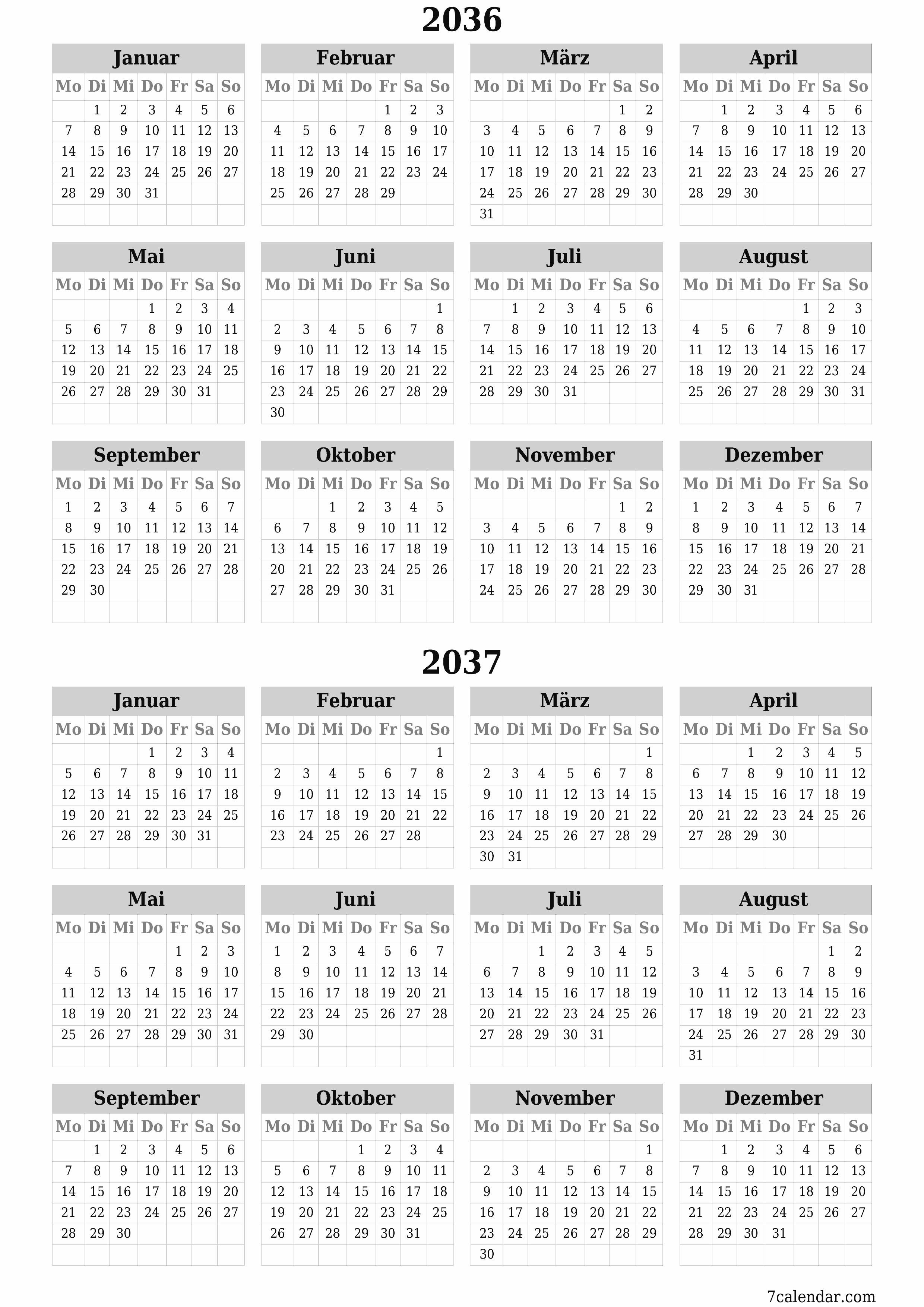 Jahresplanerkalender für das Jahr 2036, 2037 mit Notizen leeren, speichern und als PDF PNG German - 7calendar.com drucken