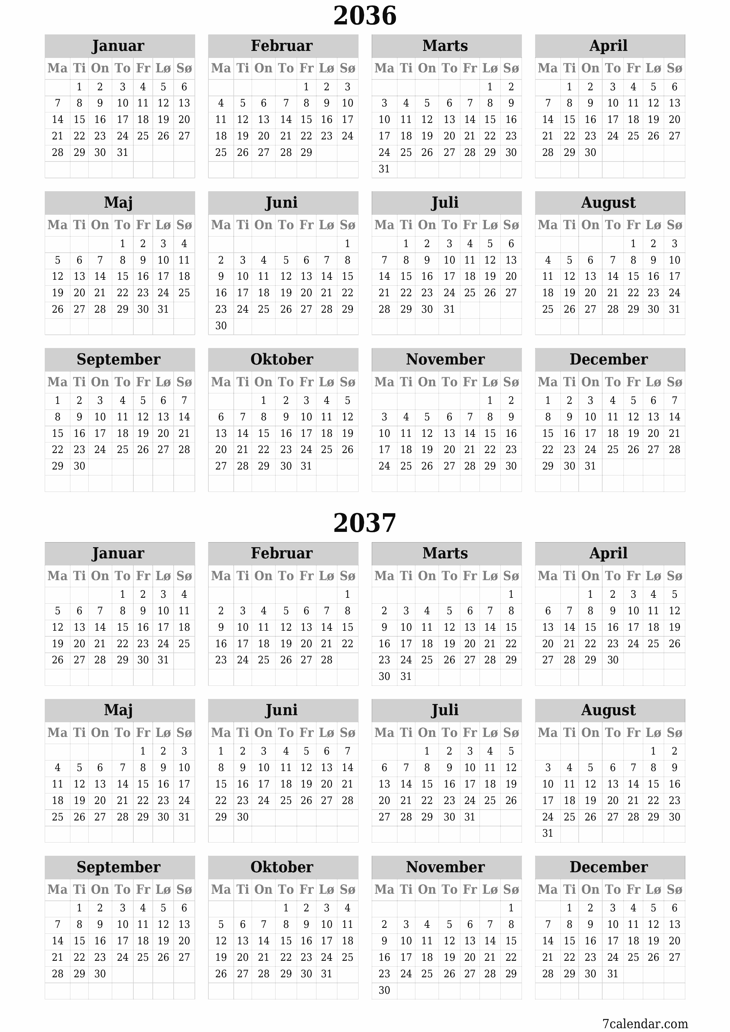 Tom årlig planlægningskalender for året 2036, 2037 med noter, gem og udskriv til PDF PNG Danish