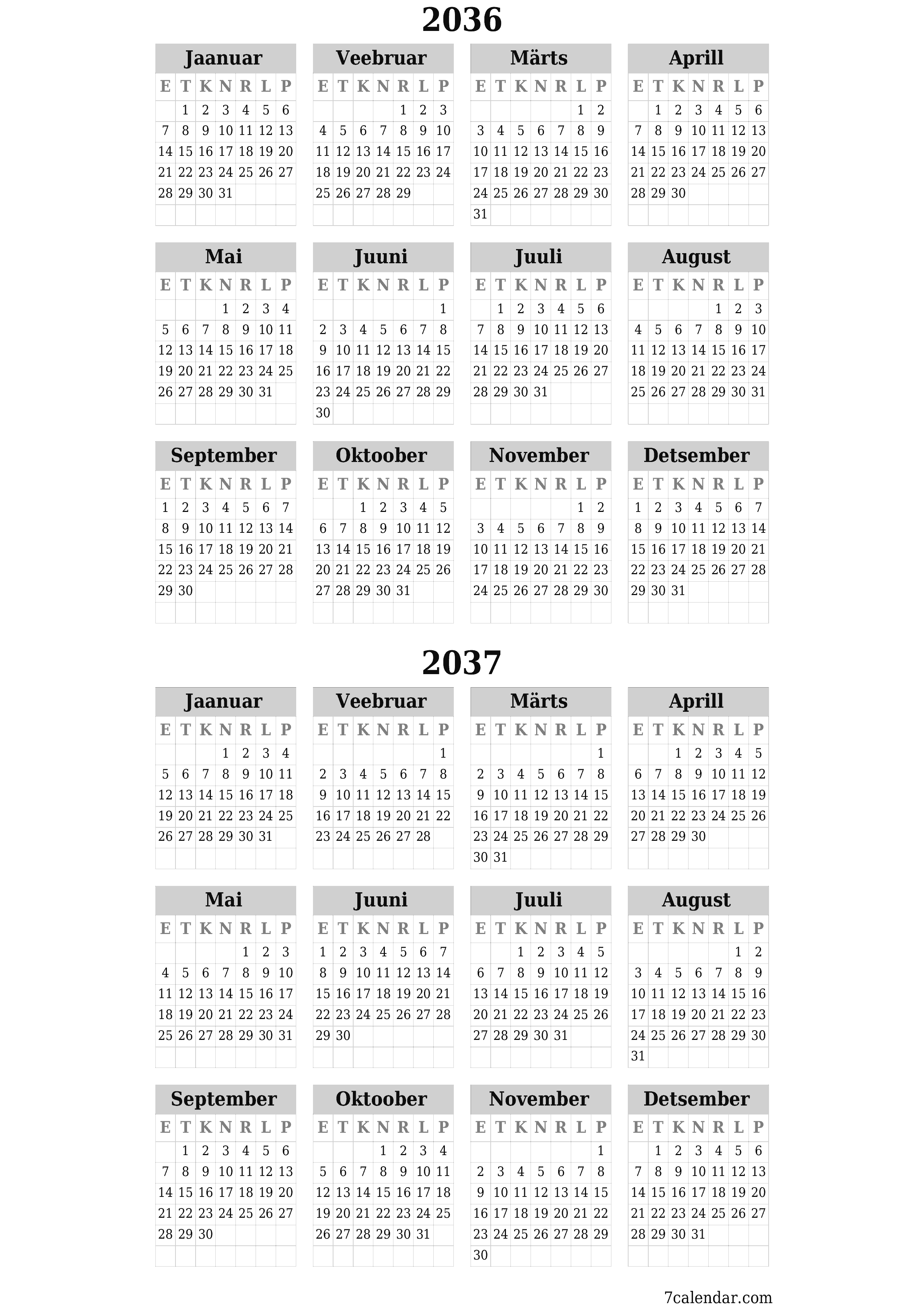 Tühi aasta planeerija kalender aastaks 2036, 2037 koos märkmetega, salvestage ja printige PDF-i PNG Estonian