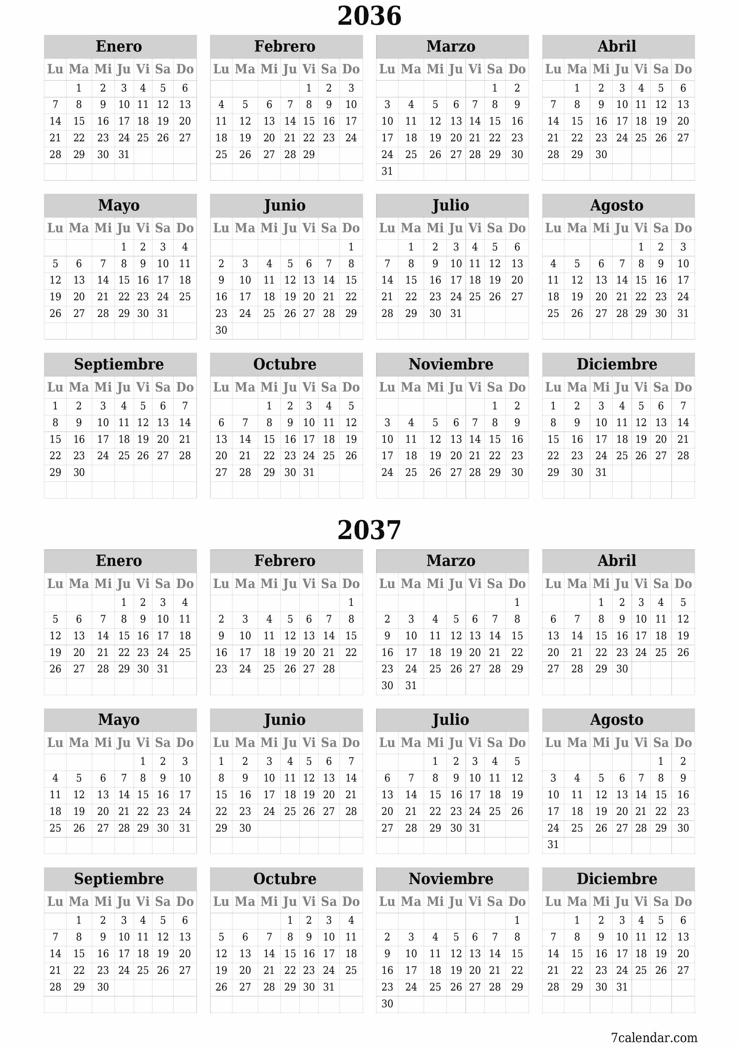 Calendario planificador anual vacío para el año 2036, 2037 con notas, guardar e imprimir en PDF PNG Spanish