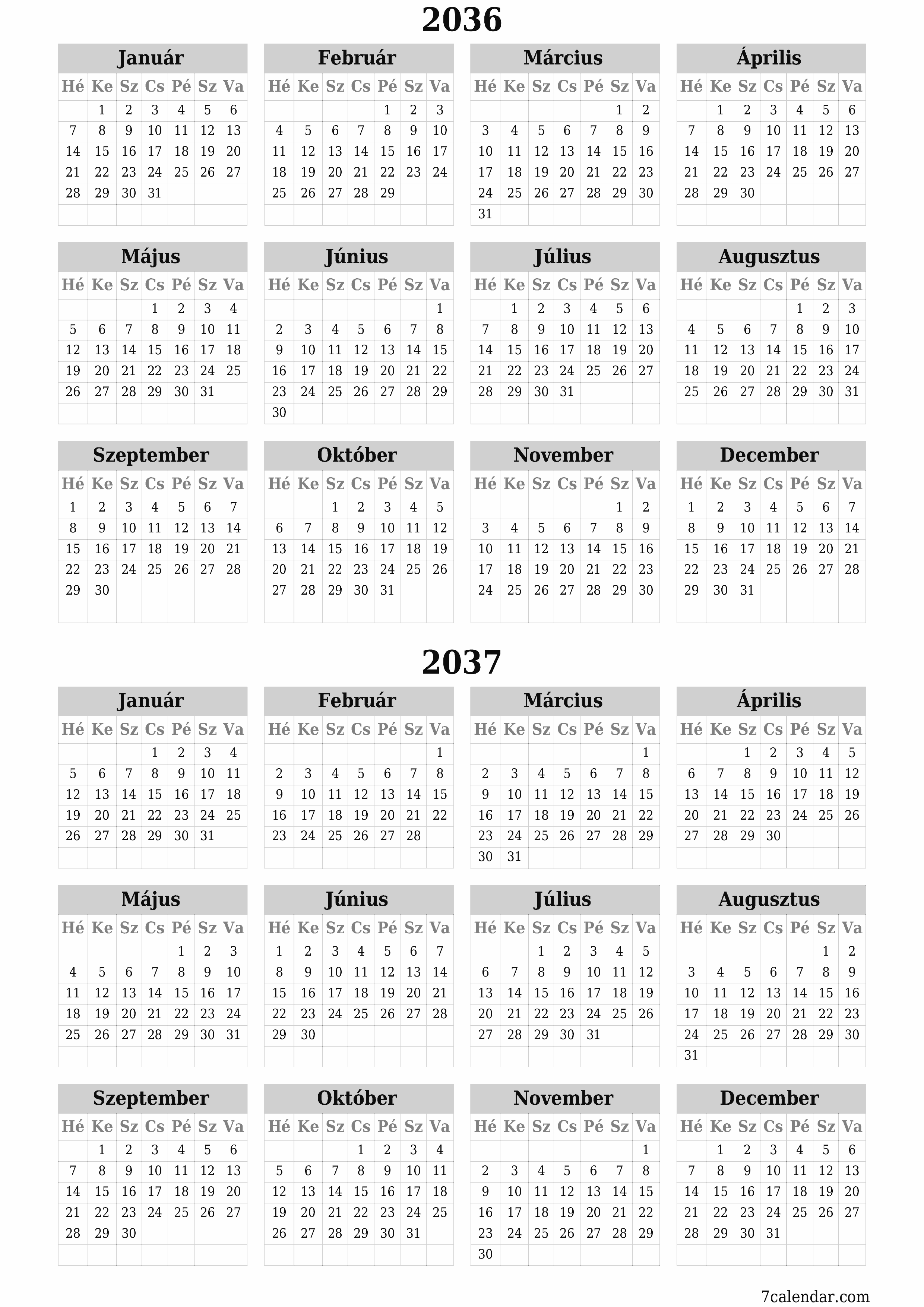 nyomtatható fali sablon ingyenes függőleges Éves naptár Június (Jún) 2036