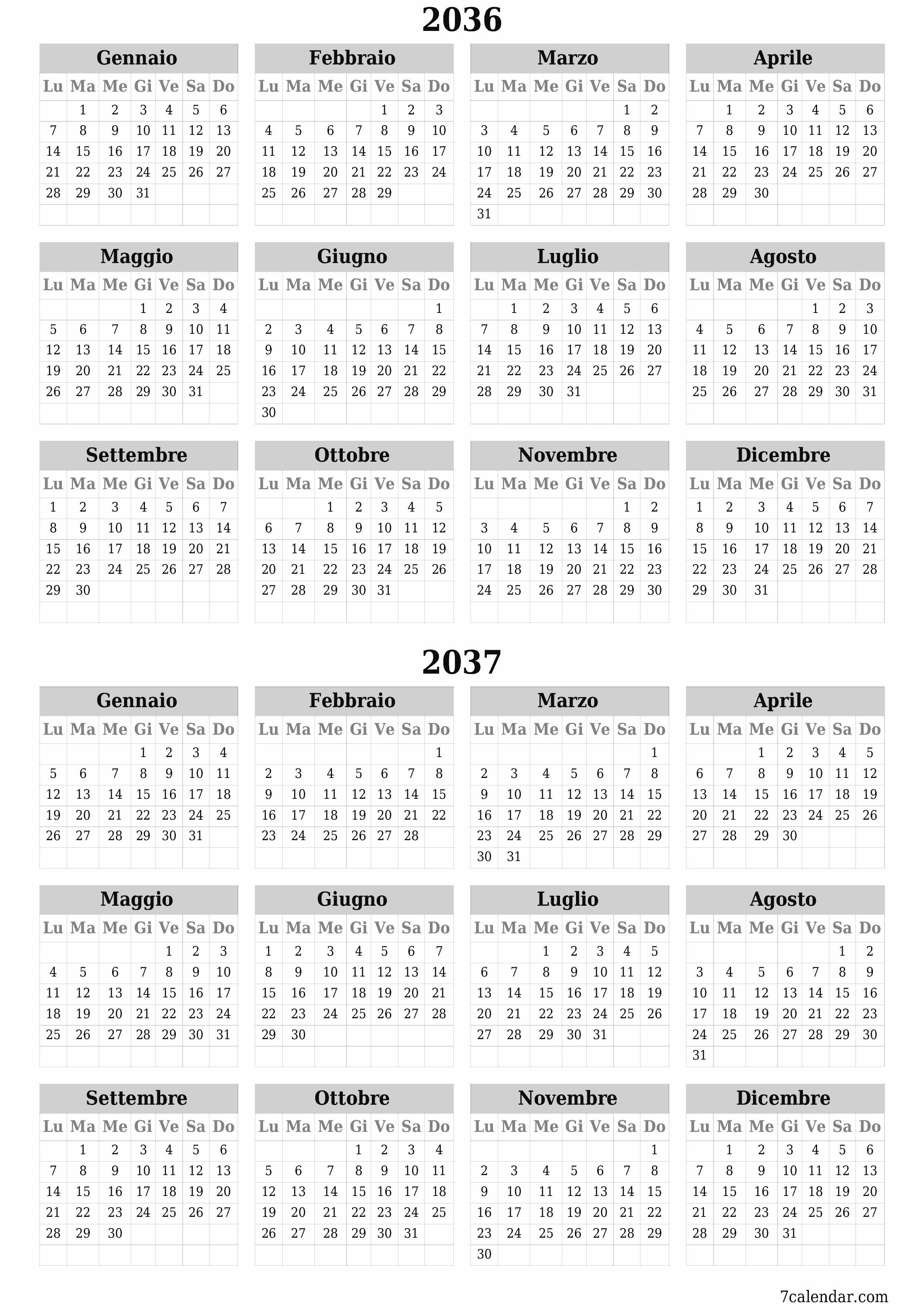  stampabile da parete modello di gratuitoverticale Annuale calendario Giugno (Giu) 2036