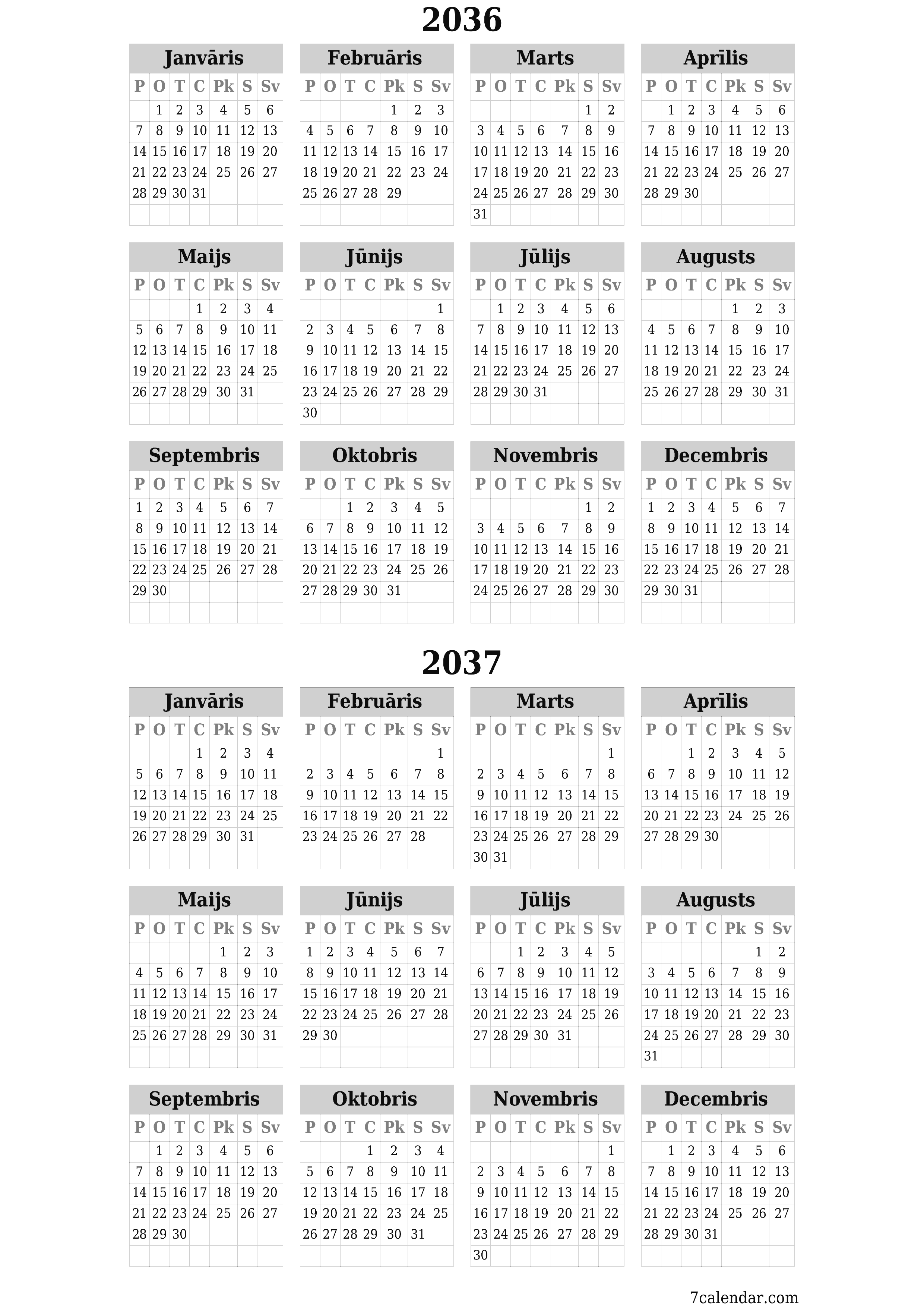 izdrukājams sienas kalendāra veidne bezmaksas vertikāli Gada kalendārs Jūnijs (Jūn) 2036