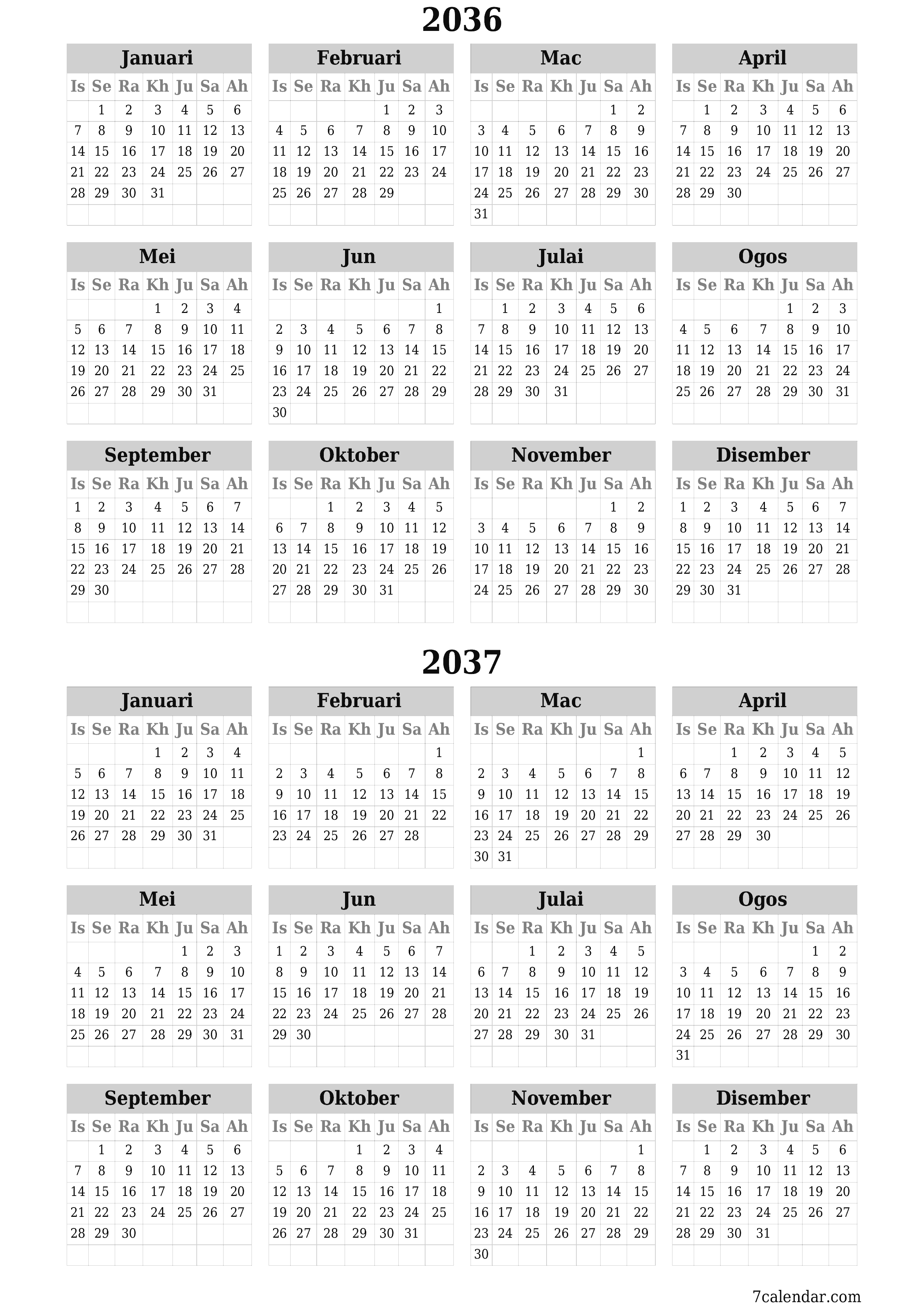 Kalendar perancang tahunan kosong untuk tahun ini 2036, 2037 dengan nota, simpan dan cetak ke PDF PNG Malay