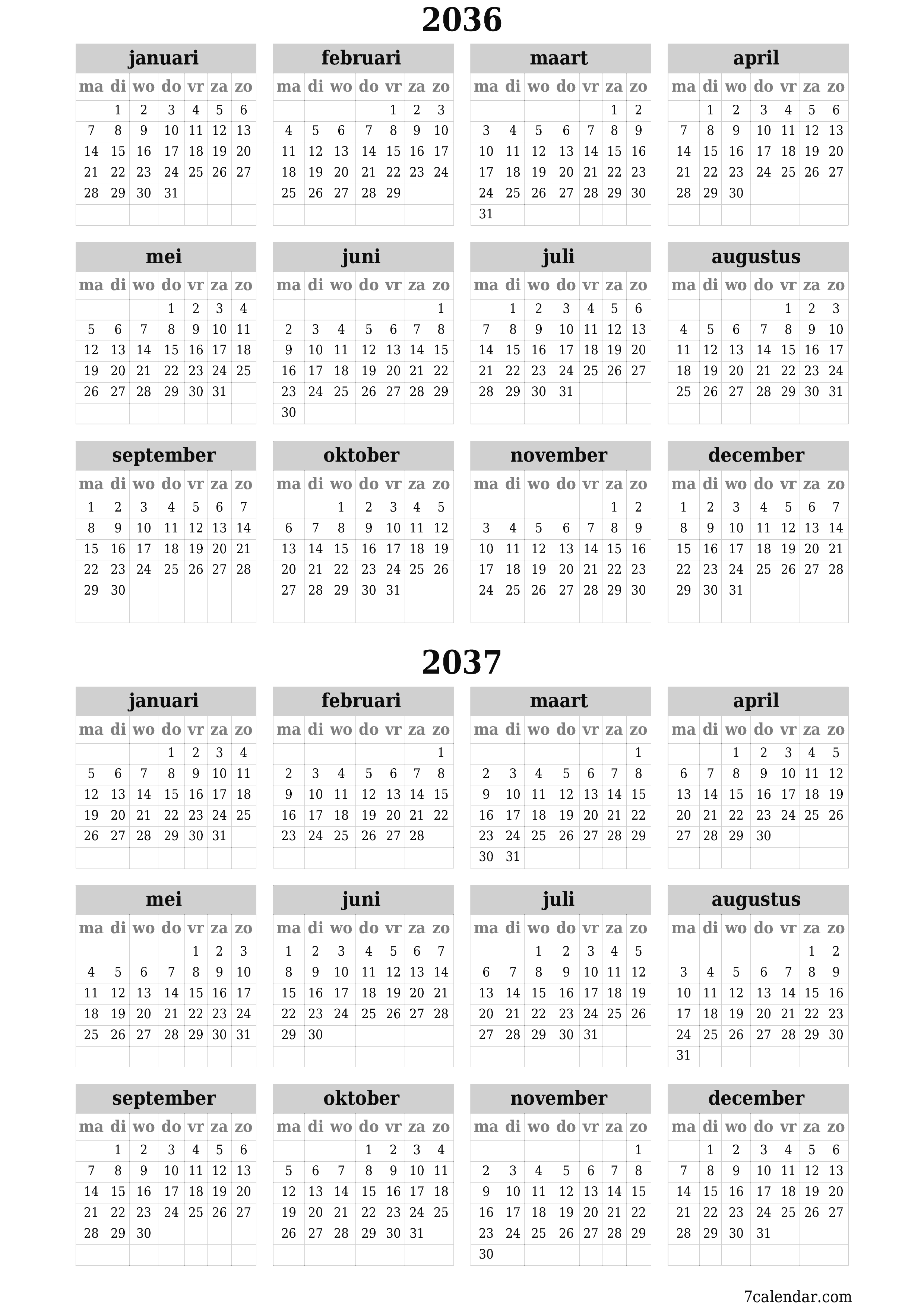 Lege jaarplanningskalender voor het jaar 2036, 2037 met notities, opslaan en afdrukken naar pdf PNG Dutch