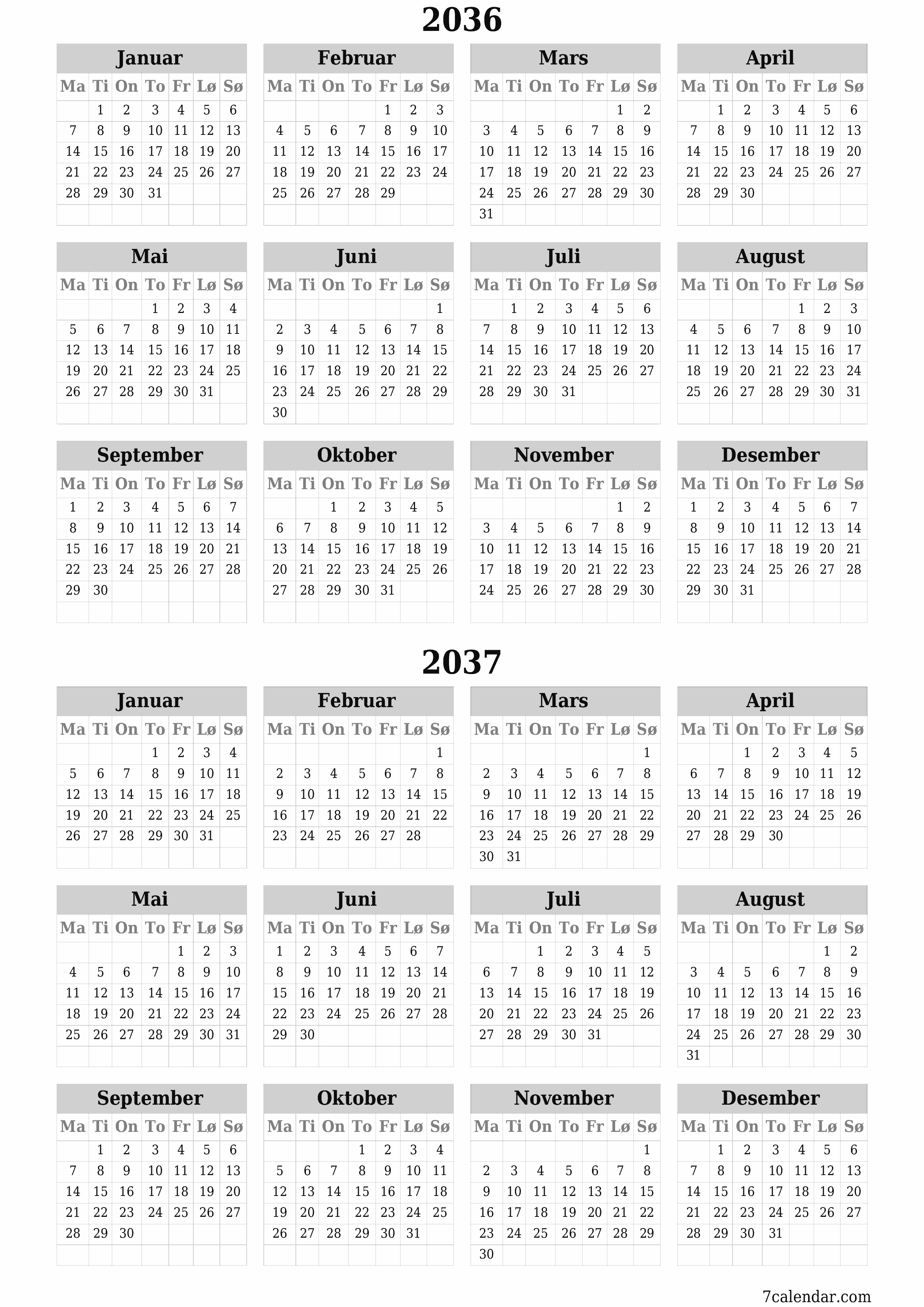 Tom årlig planleggerkalender for året 2036, 2037 med notater, lagre og skrive ut i PDF PNG Norwegian