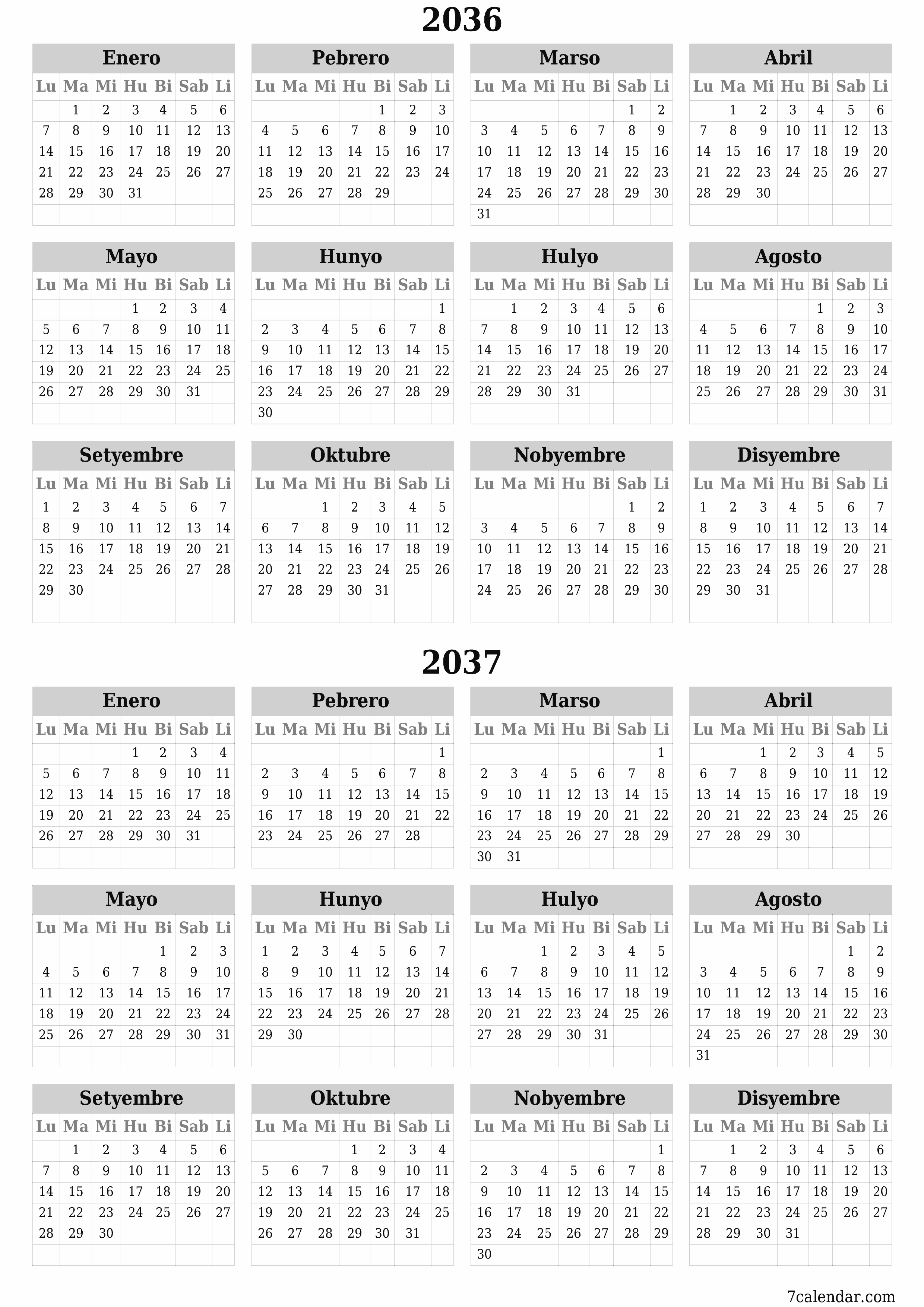 Walang laman ang taunang kalendaryo ng tagaplano para sa taong 2036, 2037 na may mga tala, i-save at i-print sa PDF PNG Filipino