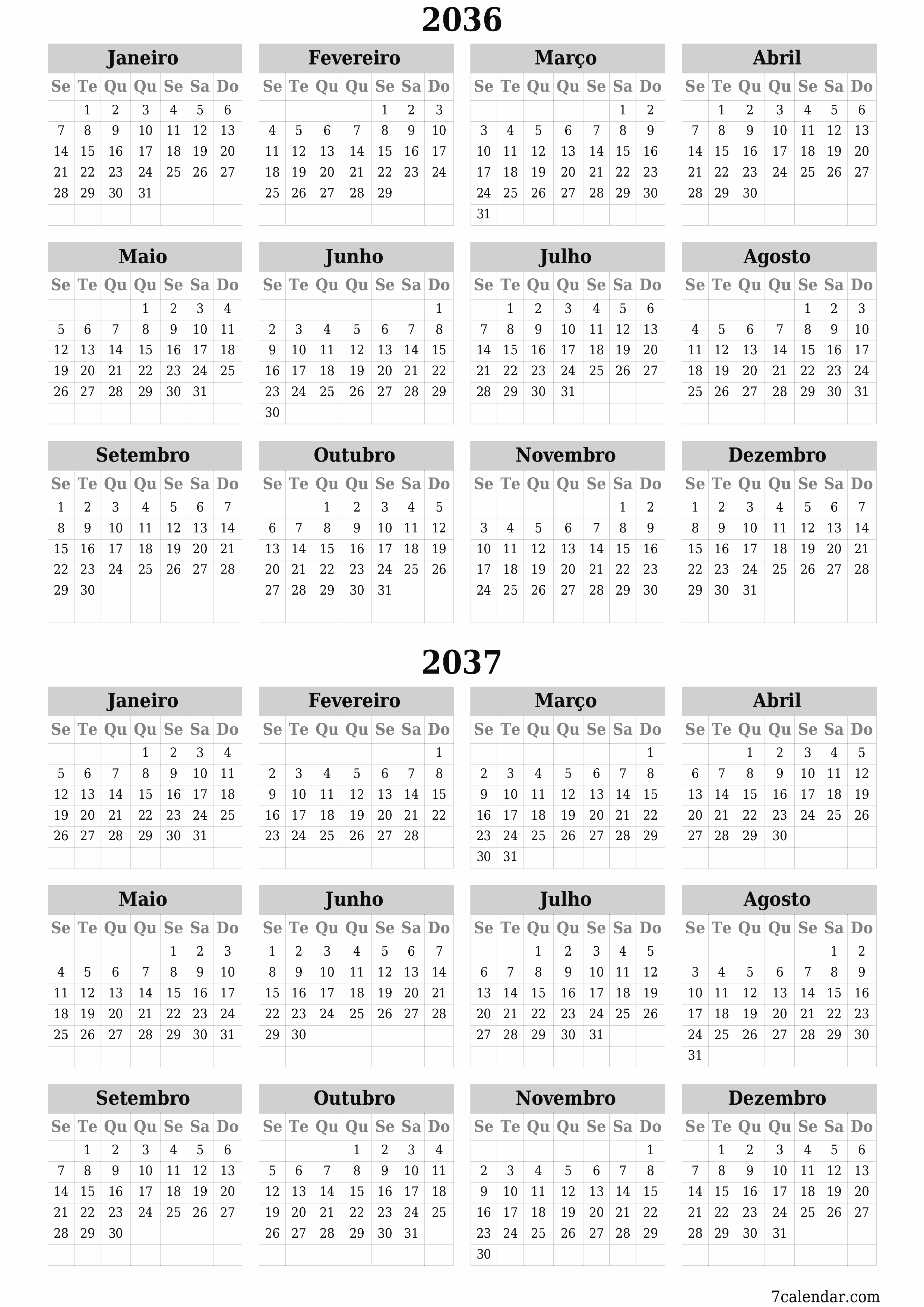 Calendário de planejador anual vazio para o ano 2036, 2037 com notas, salve e imprima em PDF PNG Portuguese