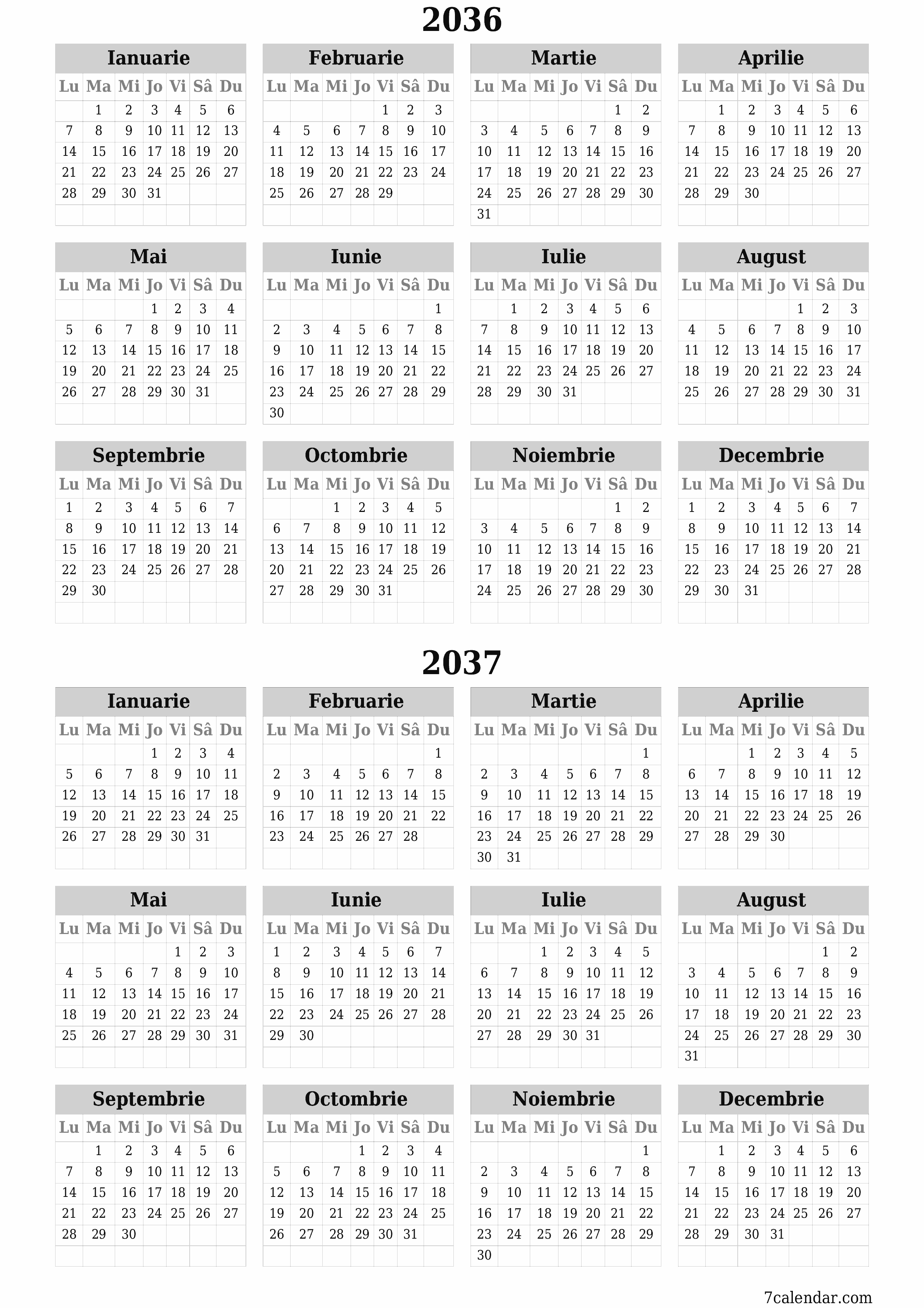 Goliți calendarul anual al planificatorului pentru anul 2036, 2037 cu note, salvați și tipăriți în PDF PNG Romanian