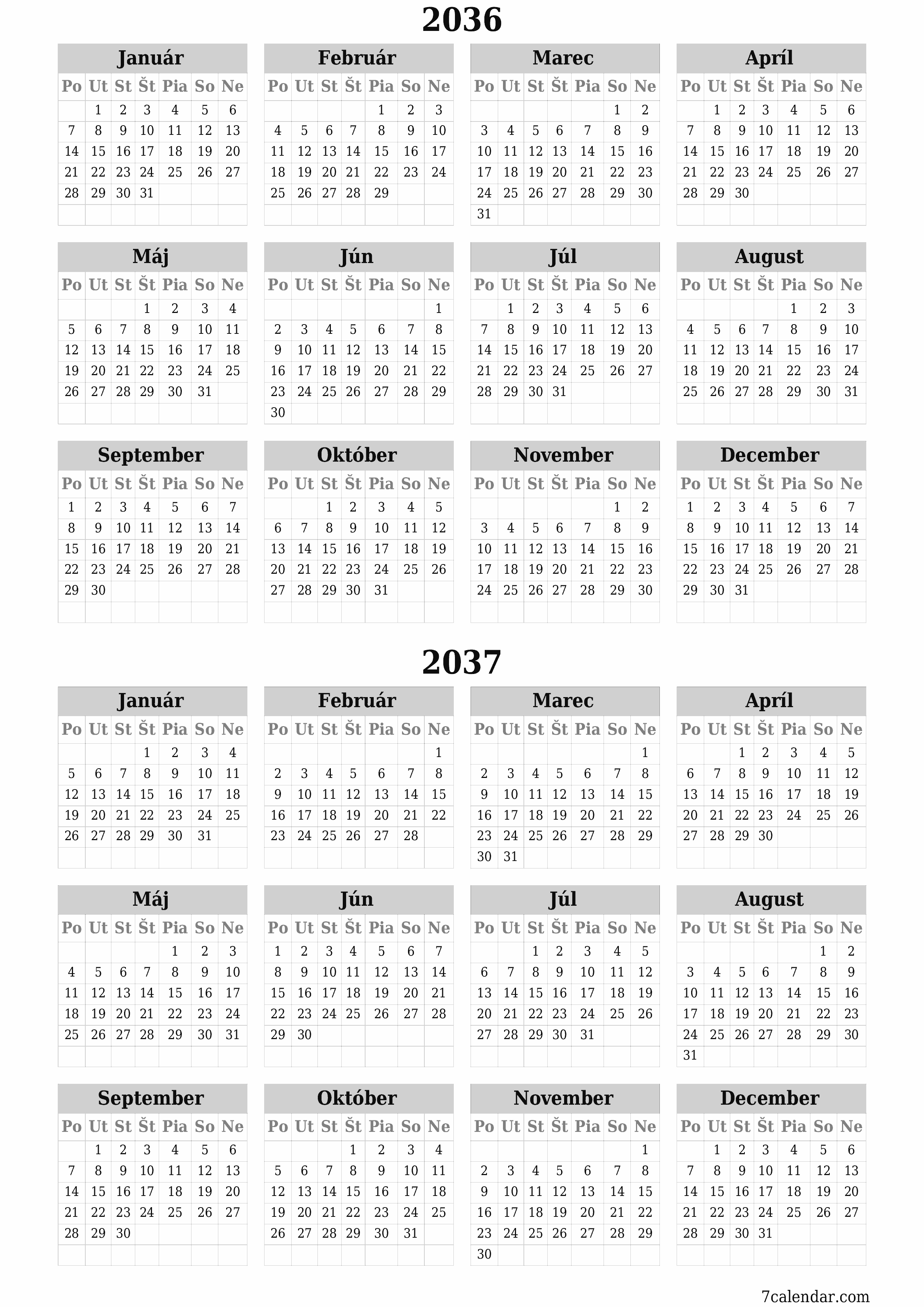 vytlačiteľný nástenný šablóna a bezplatný вертикальный Ročne kalendár Jún (Jún) 2036
