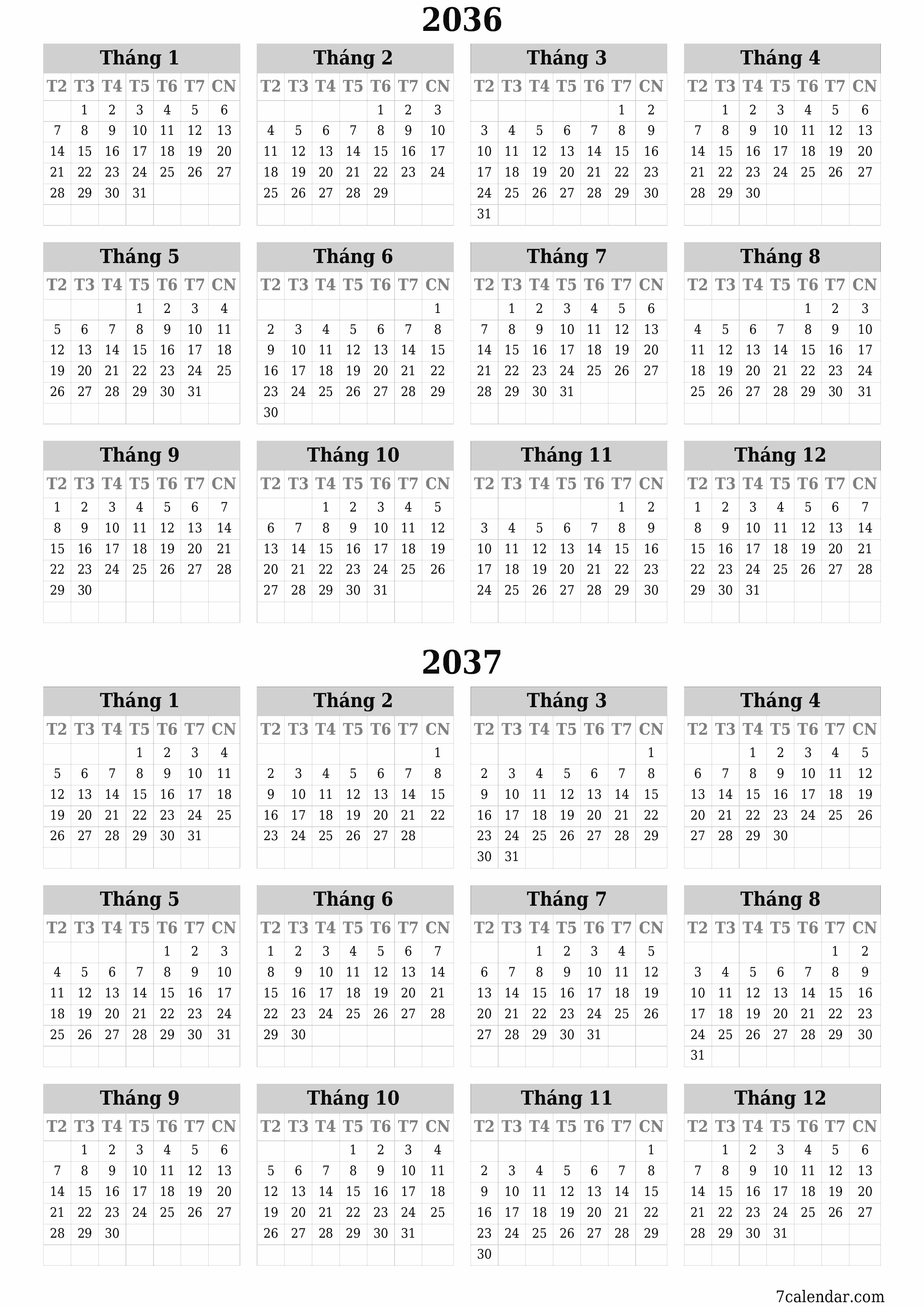  in được treo tường mẫu miễn phíthẳng đứng Hàng năm lịch Tháng 6 (Th6) 2036