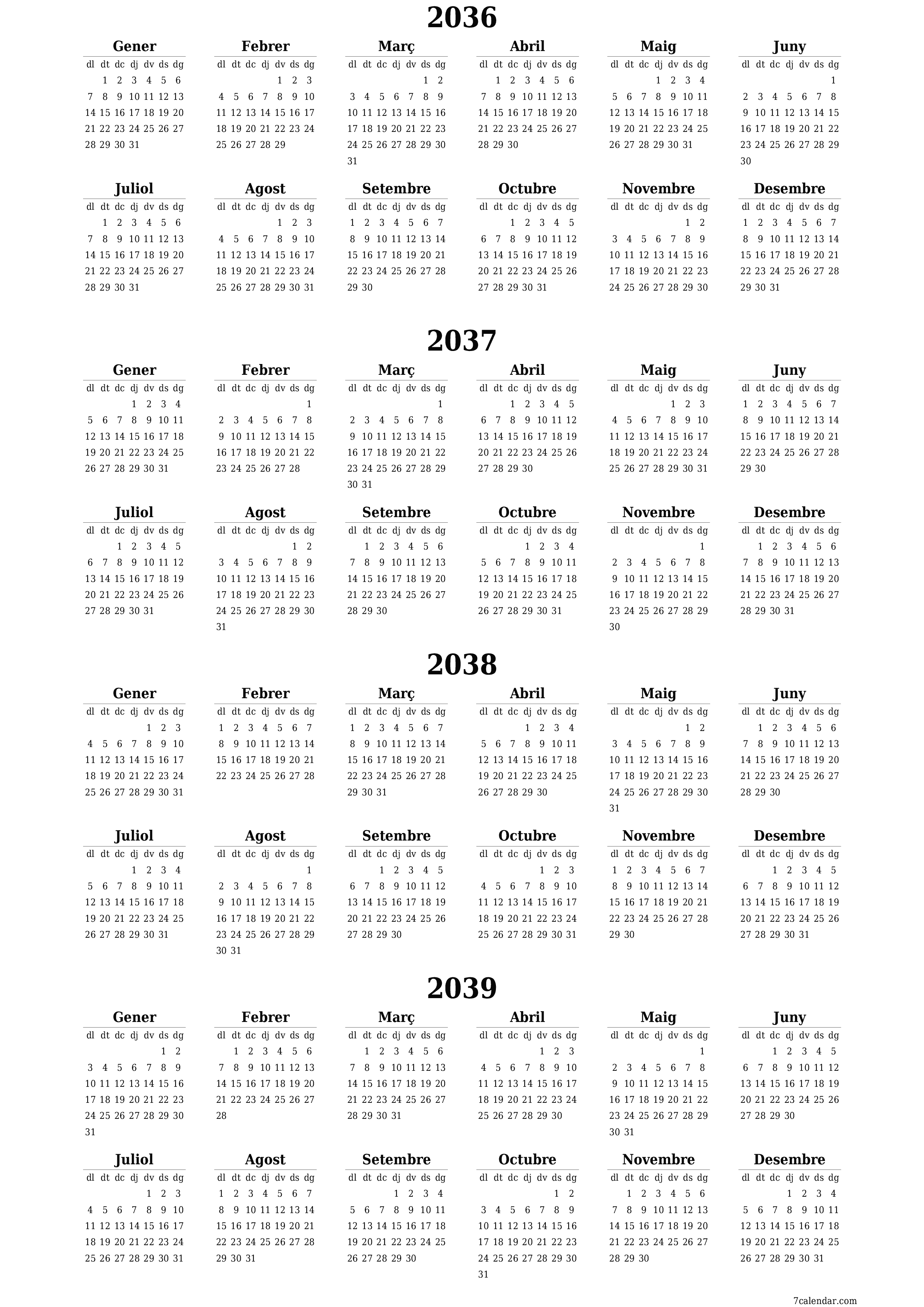  imprimible de paret plantilla de gratuïtvertical Anual calendari Juny (Jun) 2036