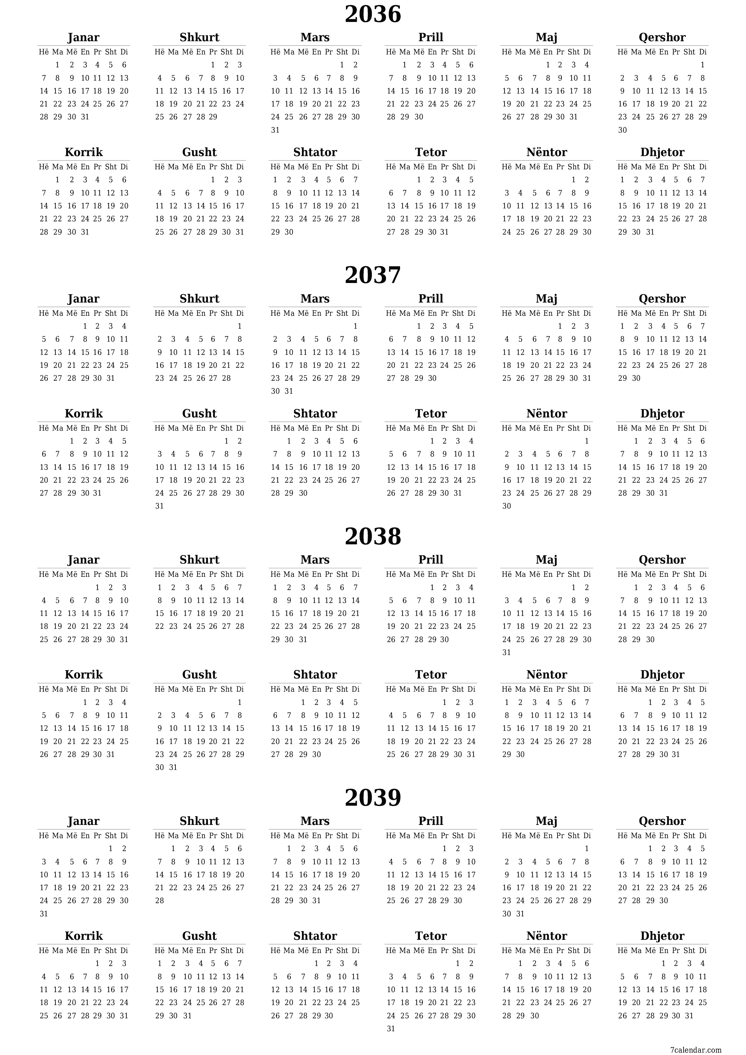 Planifikuesi bosh i kalendarit vjetor për vitin 2036, 2037, 2038, 2039 me shënime, ruani dhe printoni në PDF PNG Albanian