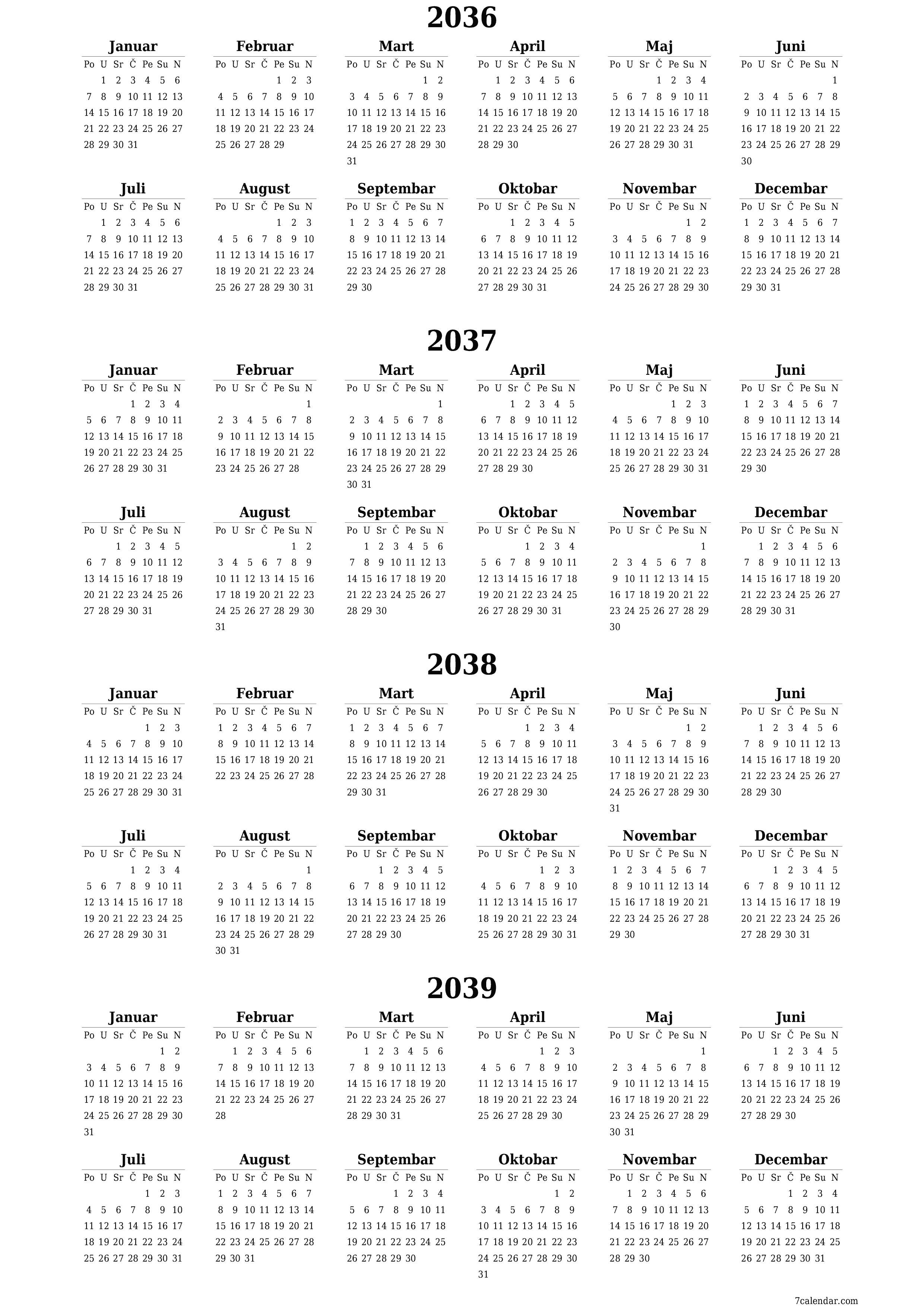  za štampanje zidni šablon a besplatni vertikalno Godišnje kalendar Juni (Jun) 2036