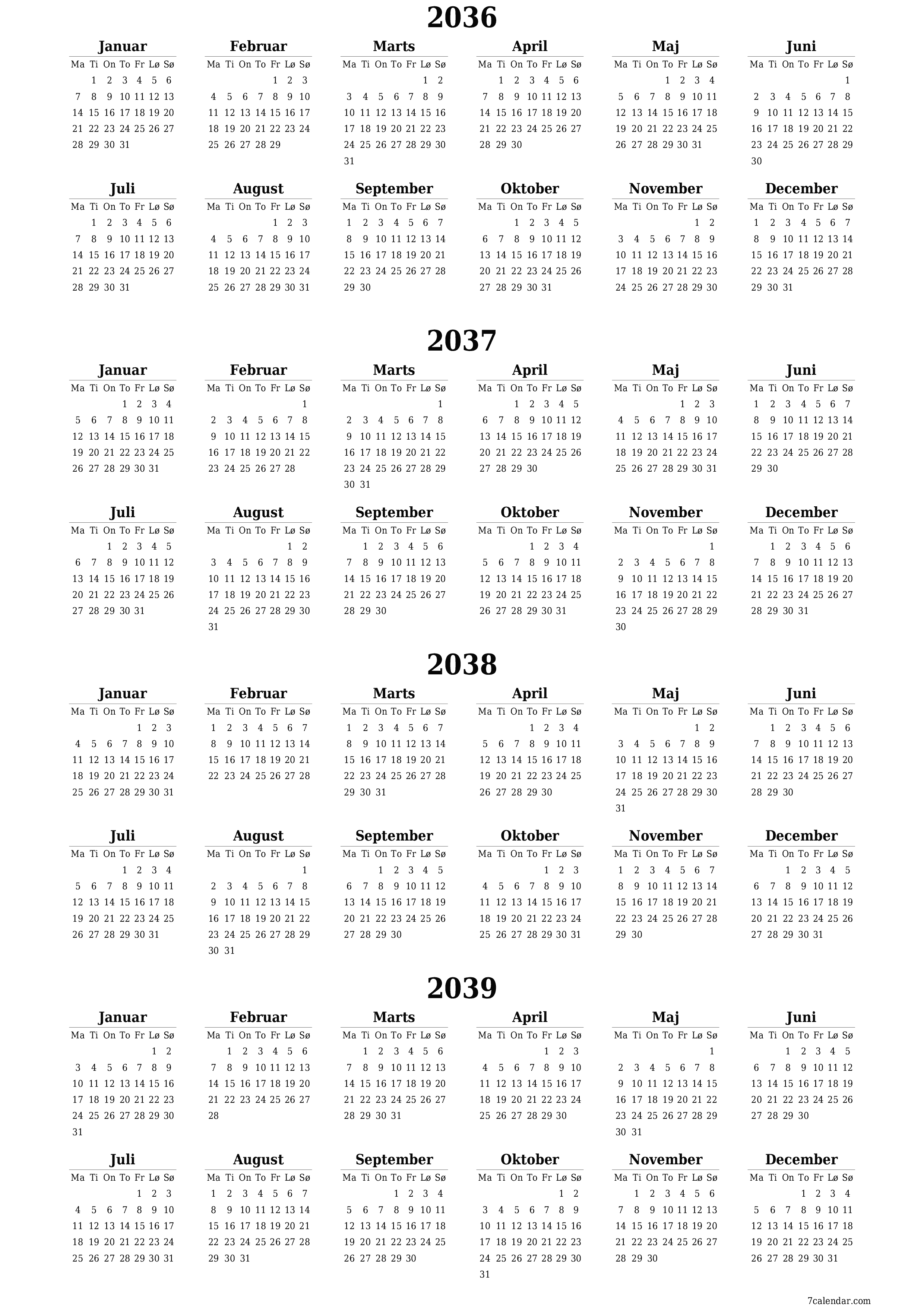 Tom årlig planlægningskalender for året 2036, 2037, 2038, 2039 med noter, gem og udskriv til PDF PNG Danish