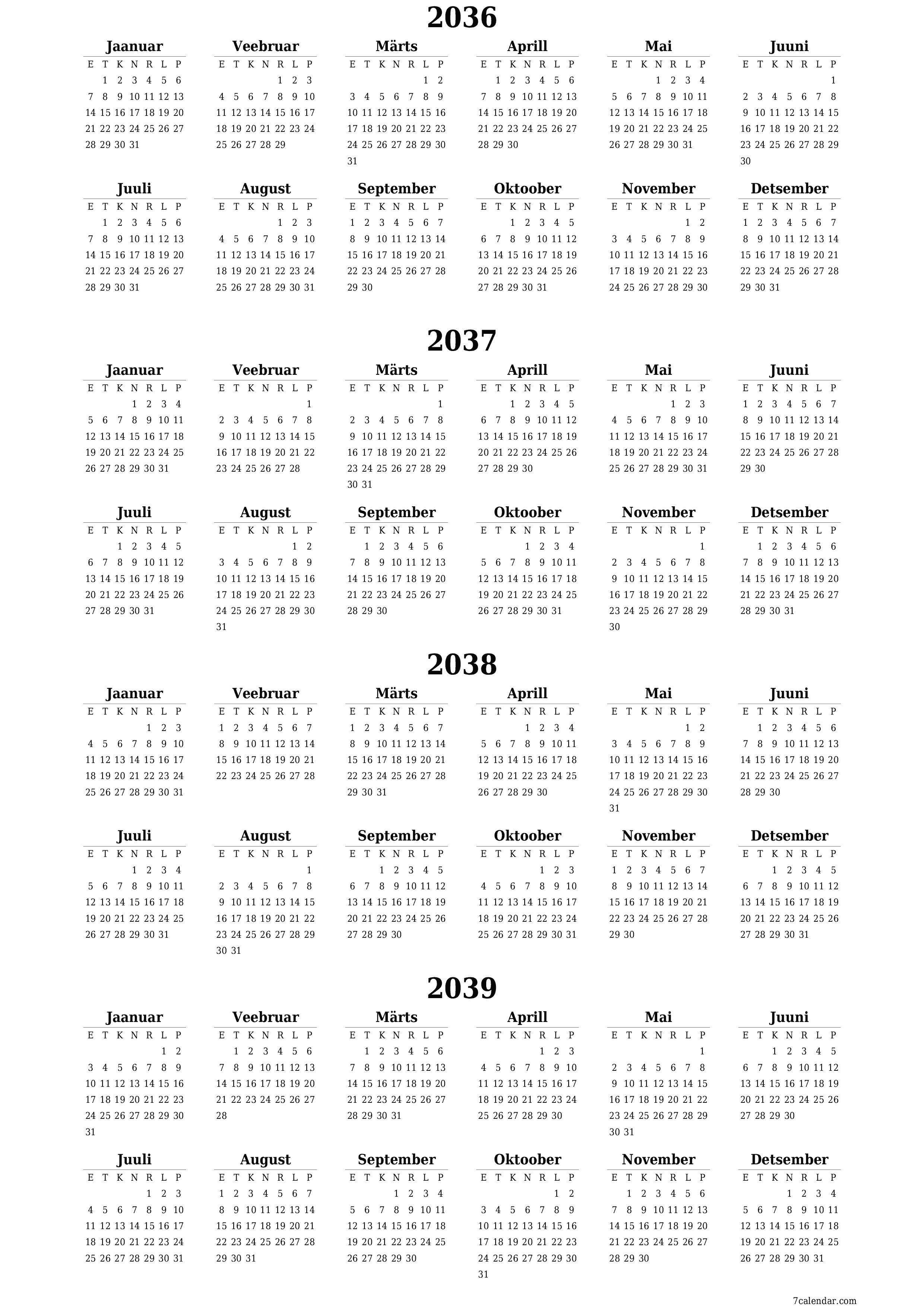 Tühi aasta planeerija kalender aastaks 2036, 2037, 2038, 2039 koos märkmetega, salvestage ja printige PDF-i PNG Estonian