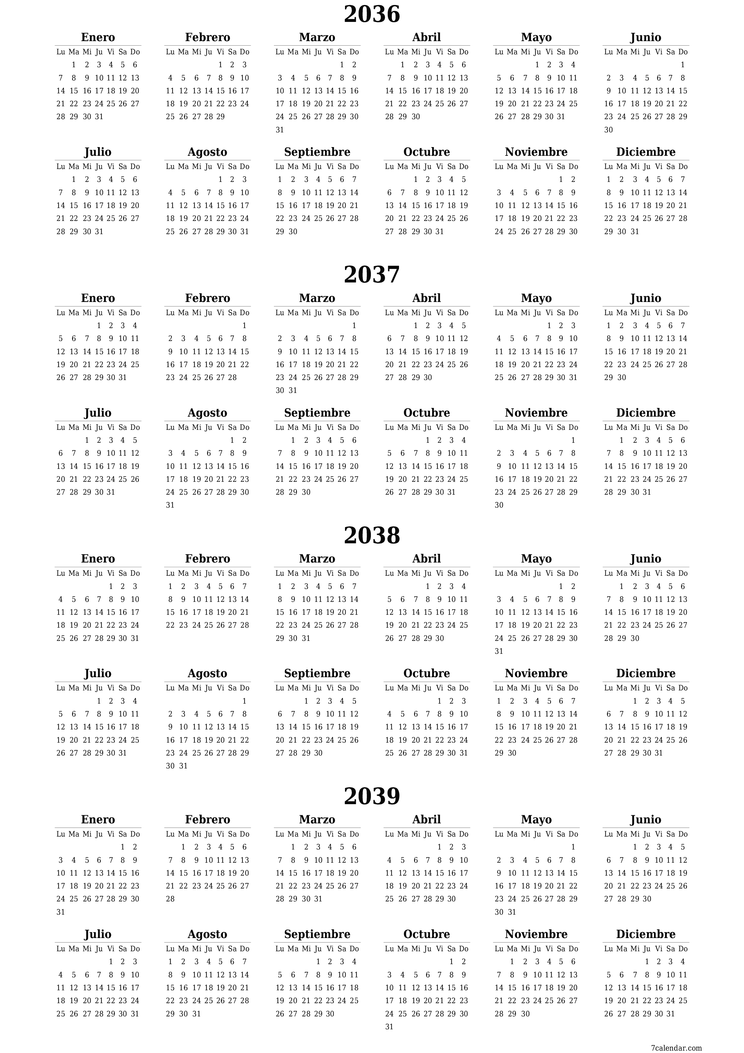 Calendario planificador anual vacío para el año 2036, 2037, 2038, 2039 con notas, guardar e imprimir en PDF PNG Spanish