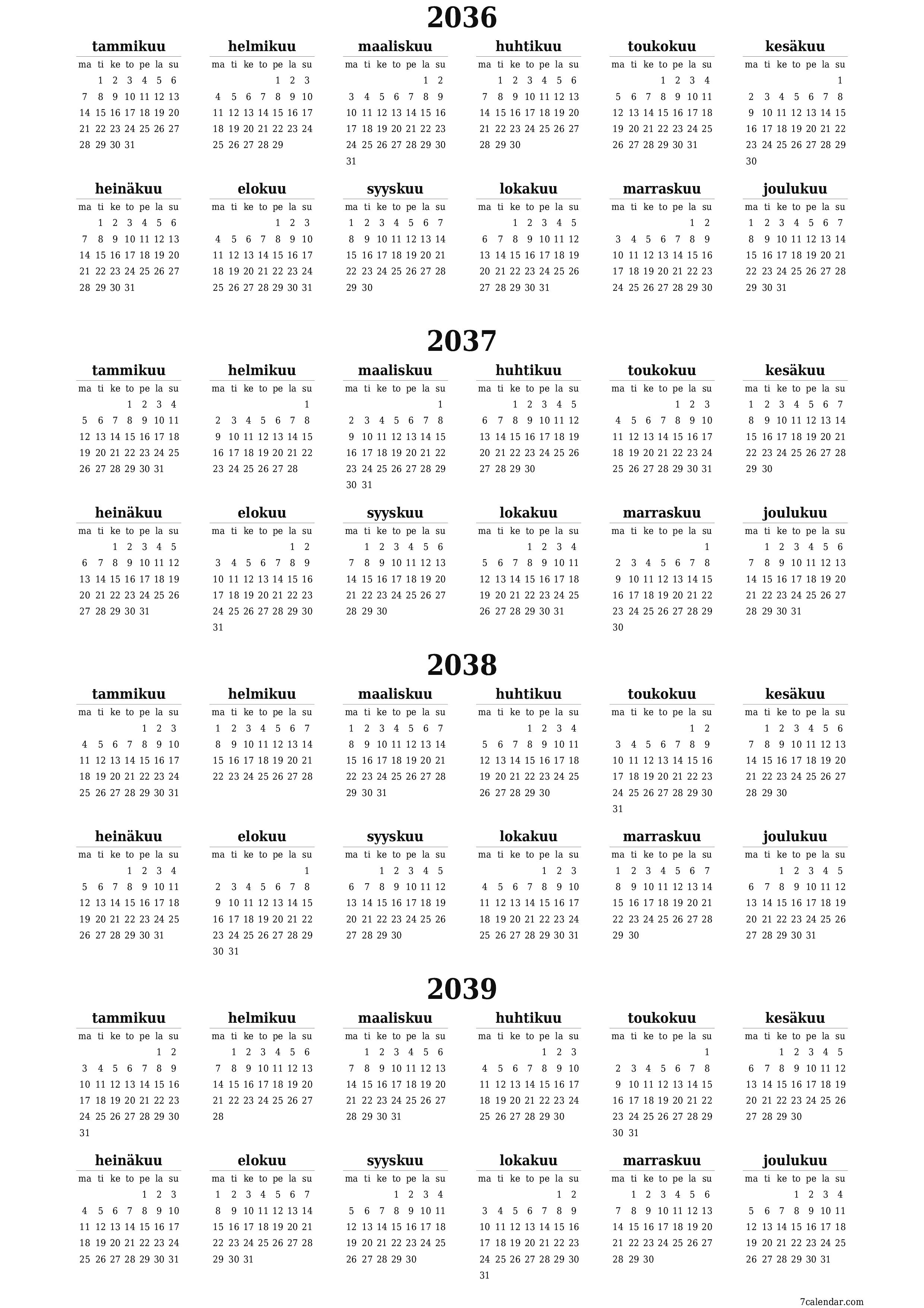 Tyhjä vuosisuunnittelukalenteri vuodelle 2036, 2037, 2038, 2039 muistiinpanoilla, tallenna ja tulosta PDF-muotoon PNG Finnish