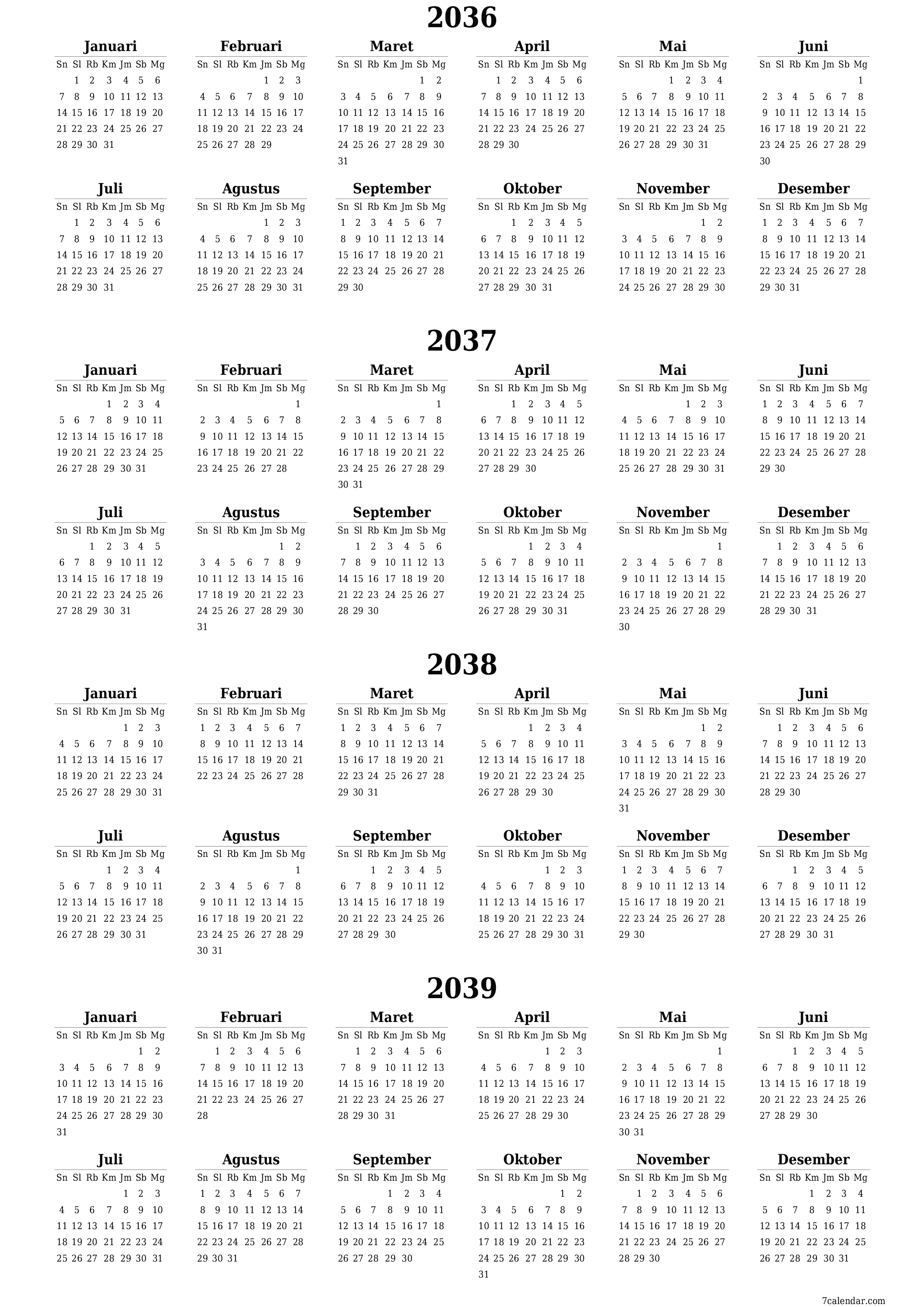 Kosongkan kalender perencana tahunan untuk tahun ini 2036, 2037, 2038, 2039 dengan catatan, simpan dan cetak ke PDF PNG Indonesian