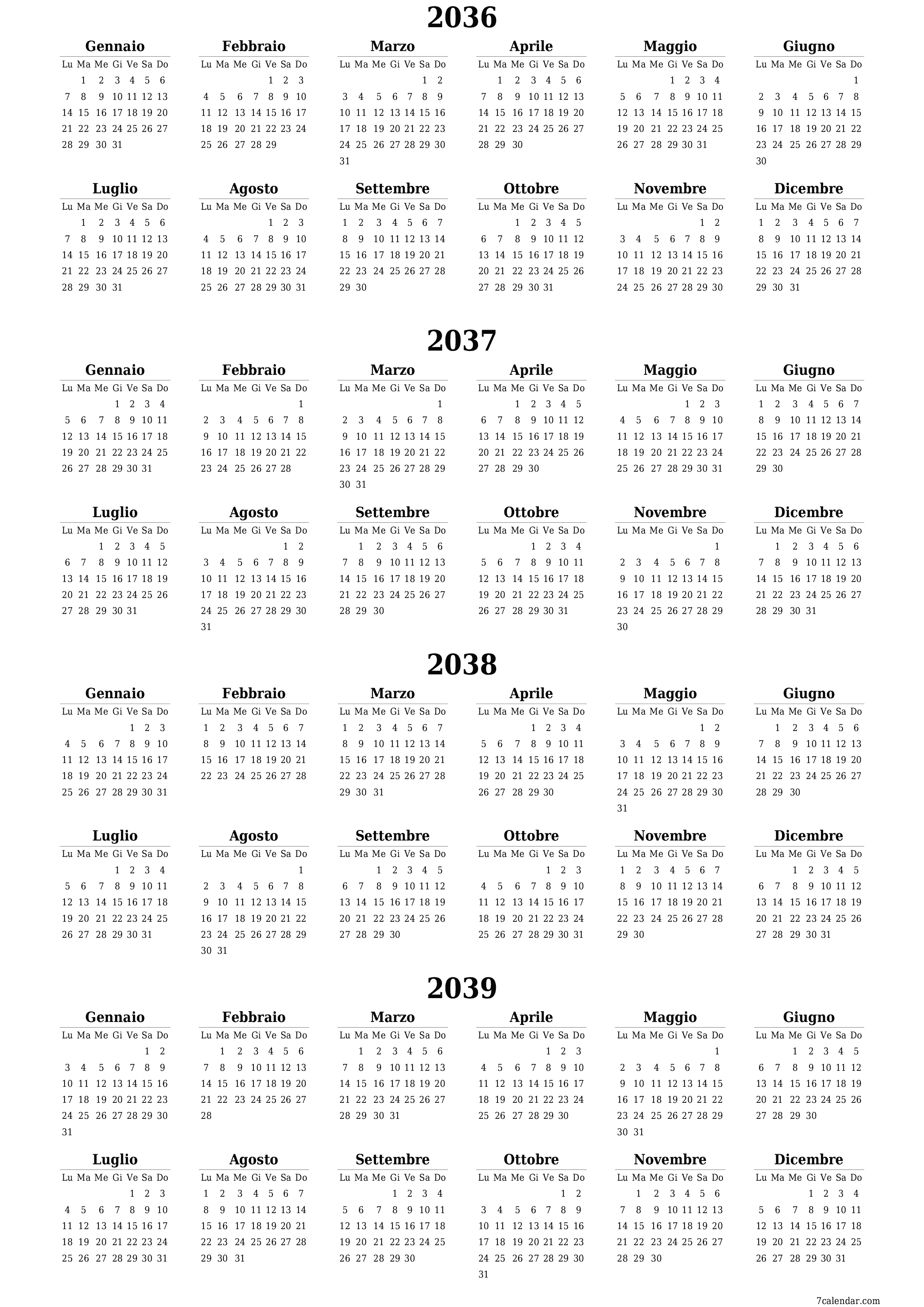  stampabile da parete modello di gratuitoverticale Annuale calendario Giugno (Giu) 2036