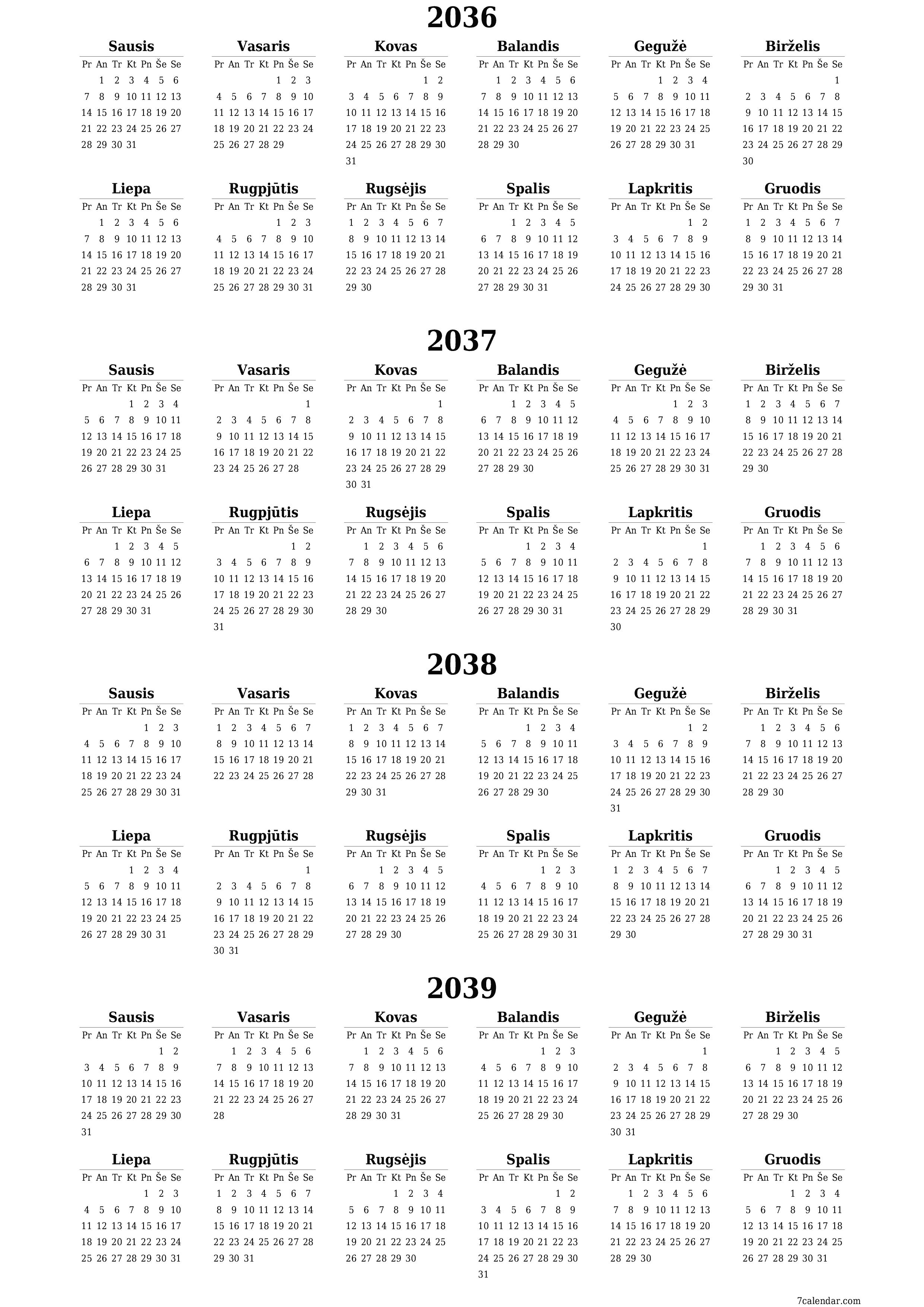 Tuščias metų planavimo kalendorius 2036, 2037, 2038, 2039 su užrašais, išsaugokite ir atsispausdinkite PDF formatu PNG Lithuanian