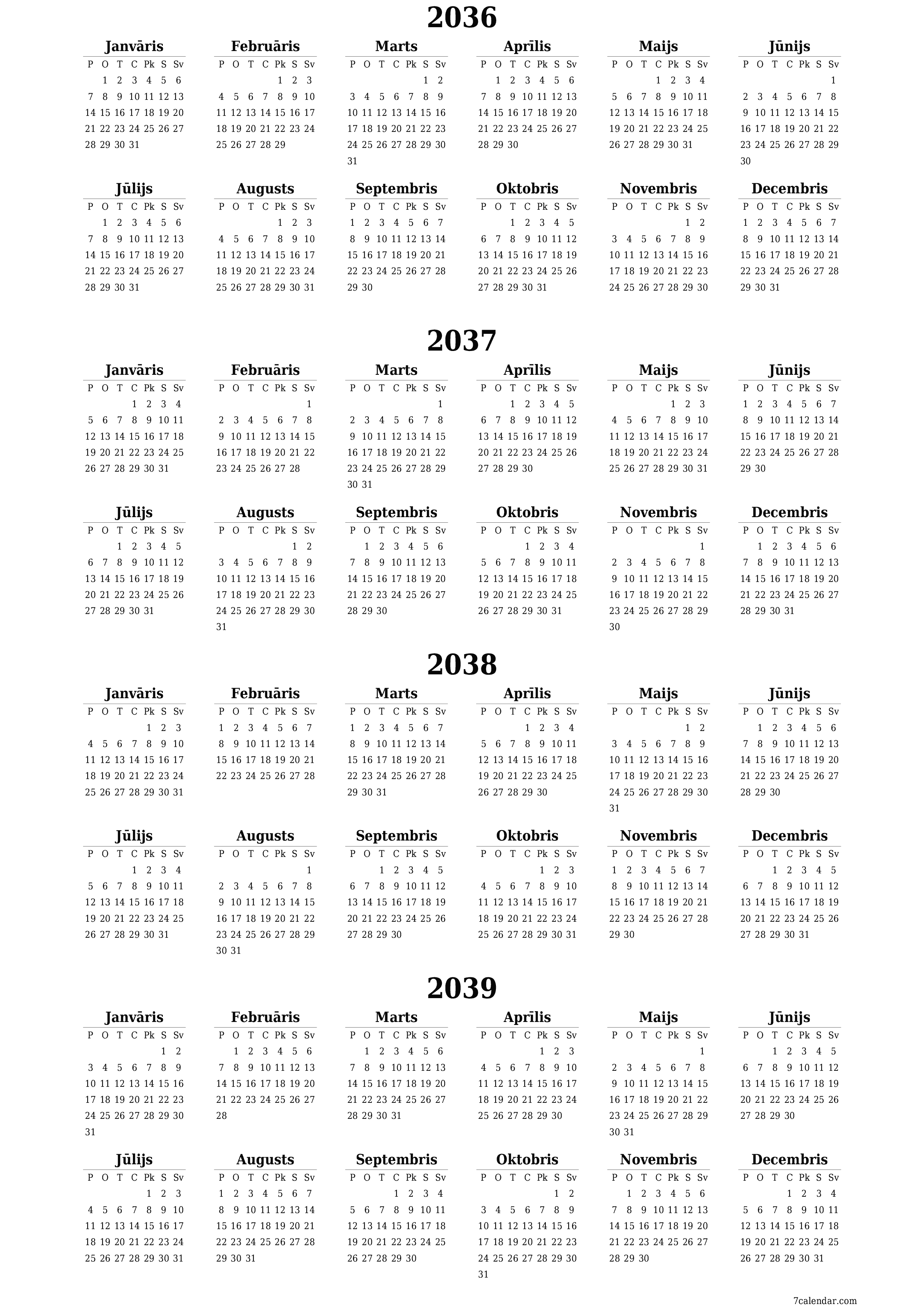 izdrukājams sienas kalendāra veidne bezmaksas vertikāli Gada kalendārs Jūnijs (Jūn) 2036
