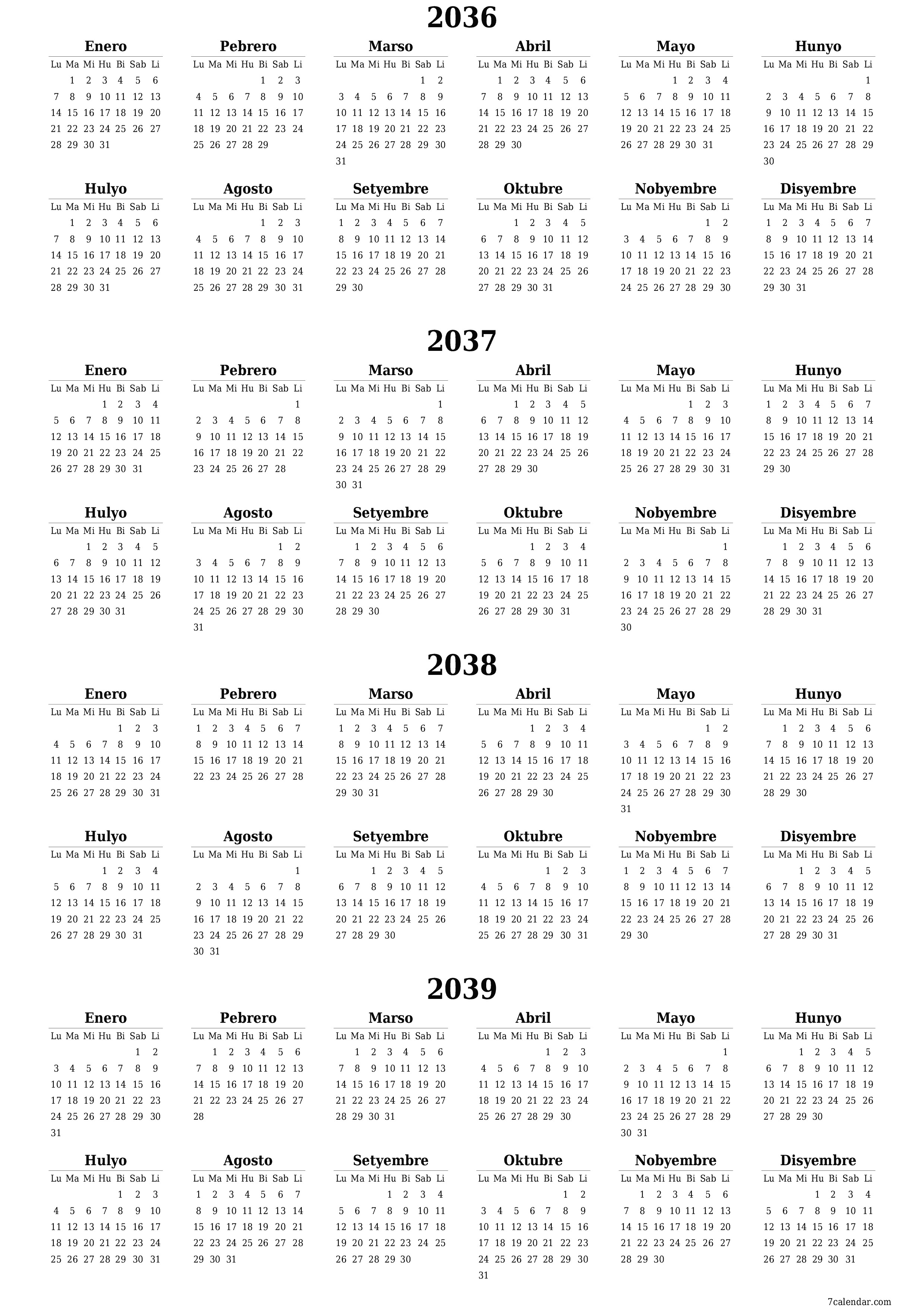 Walang laman ang taunang kalendaryo ng tagaplano para sa taong 2036, 2037, 2038, 2039 na may mga tala, i-save at i-print sa PDF PNG Filipino