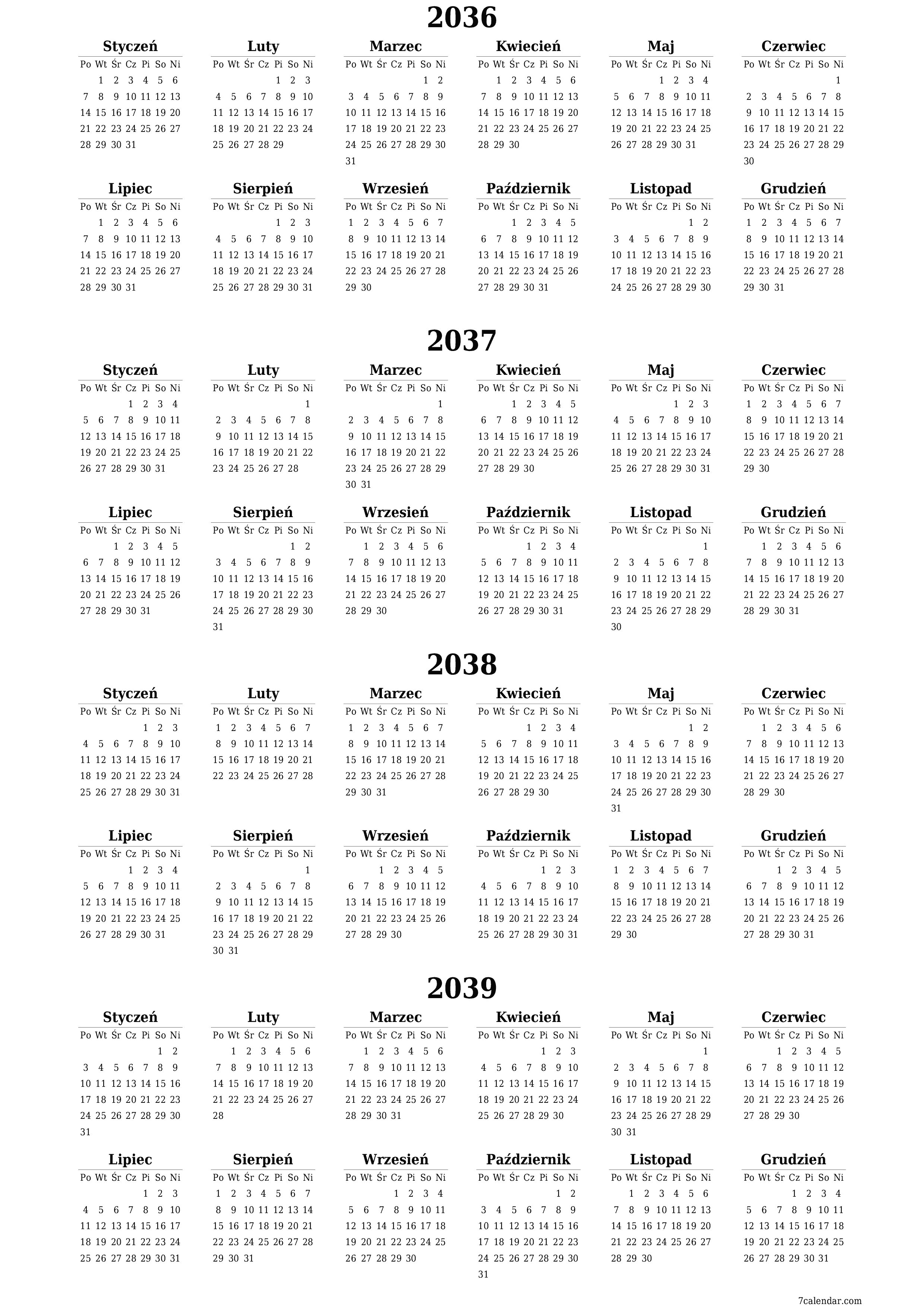 Opróżnij kalendarz rocznego planowania na rok 2036, 2037, 2038, 2039 z notatkami, zapisz i wydrukuj w formacie PDF PNG Polish