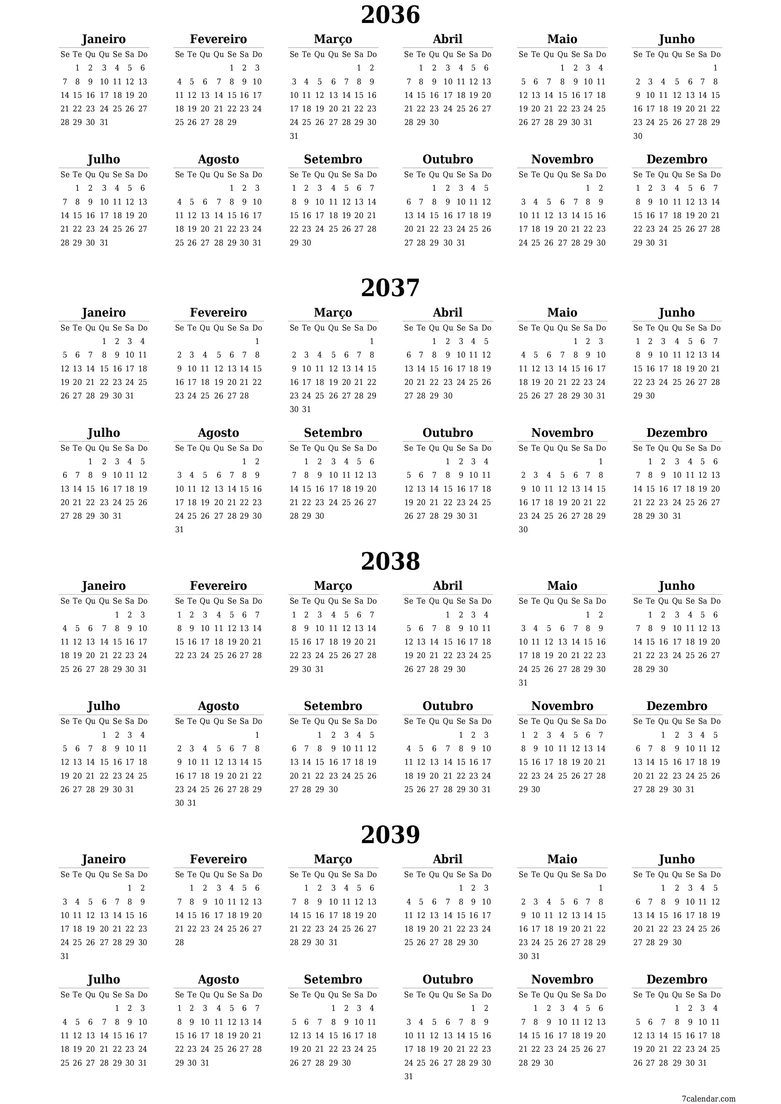 Calendário de planejador anual vazio para o ano 2036, 2037, 2038, 2039 com notas, salve e imprima em PDF PNG Portuguese